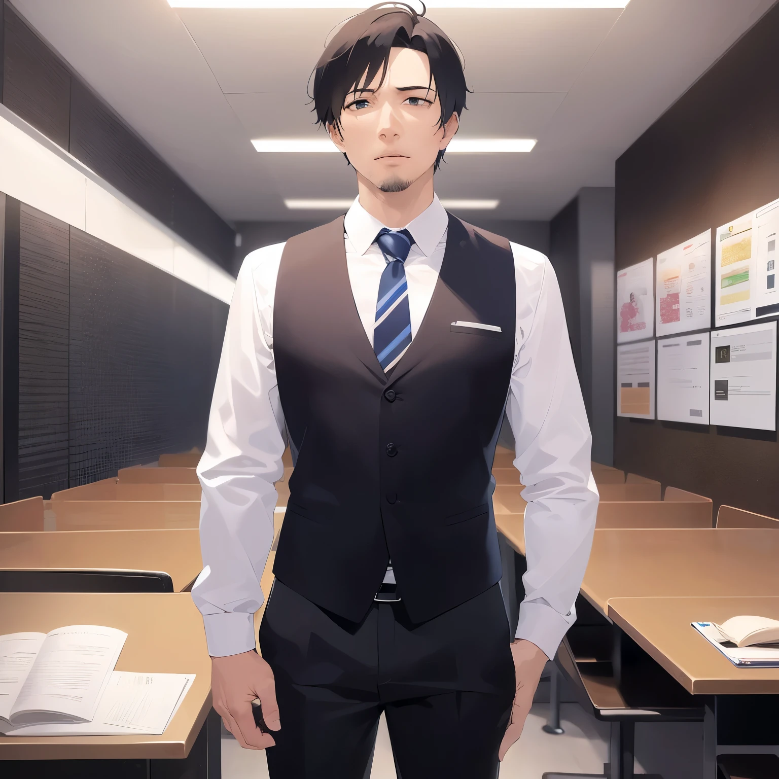 masterpiece、highest quality、(40 year old man:1.5) and (short hair) , wearing a suit、wearing a white shirt、wearing a tie、(confused:1.5), open mouth, Background is an office room、(Alone:1.5)、Are standing