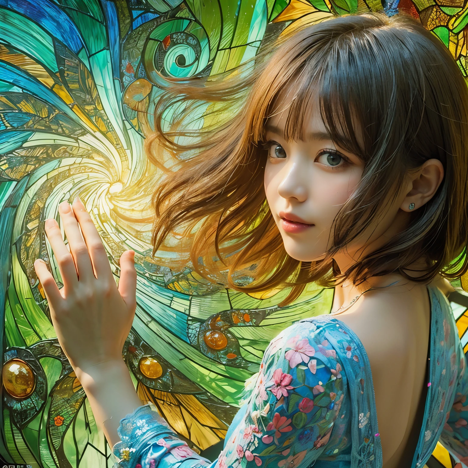 (masterpiece, best quality, 8k, RAW photo:1.2), beautiful Japanese girl, Japanese actress, detailed face, detailed blue eyes, (detailed skin:1.2), wavy hair, light brown hair, medium hair, smile, small breasts, cleavage, (evening dress with floral patterns:1.5), (image of a girl standing in front of a vibrant and intricate stained glass background filled with swirling patterns and glowing embellishments:1.3), (touching a stained glass:1.2), (the glass to ripple:1.2), (looking back at viewer:1.2), (close-up face:1.3), dynamic angle, grow
