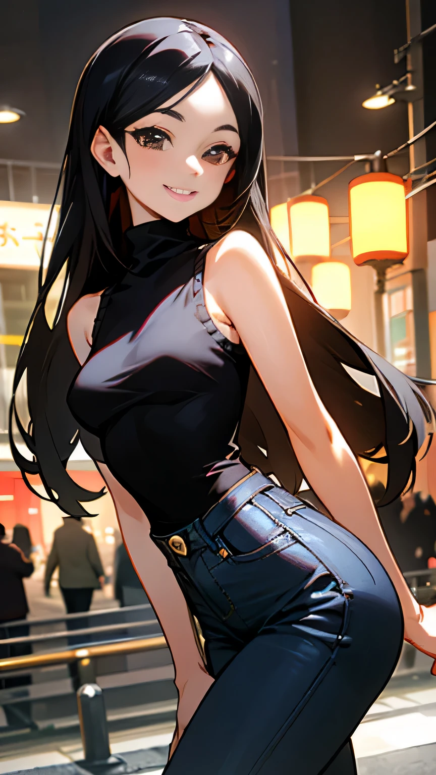 (Best quality, dynamic lighting, highly detailed) Black haired Indonesian woman, mature, beautiful, long hair hair, huge black eyes, brown eyes, slim, medium-small breasts, black sleeveless knitted turtleneck, high waisted black denim pants, tokyo street city background, smiling, model.