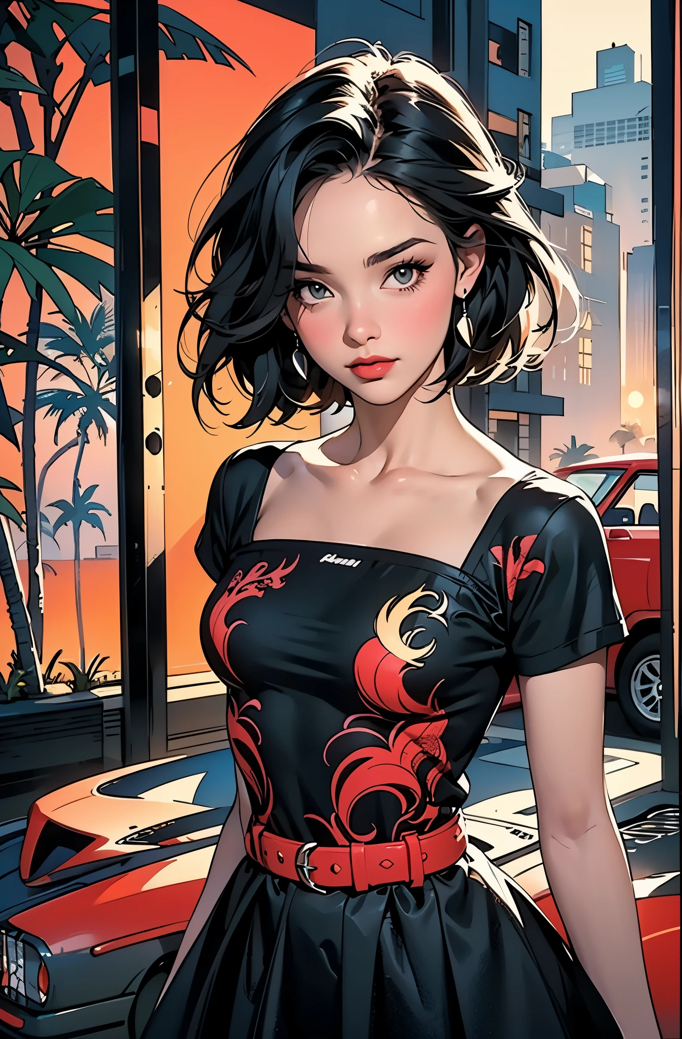 retro girl, Miami, sunset, Ferrari, palm tree, 90's, (flat colors, flat texture, lineart:1.2), graphical design, (heavy ink, ink blacks),