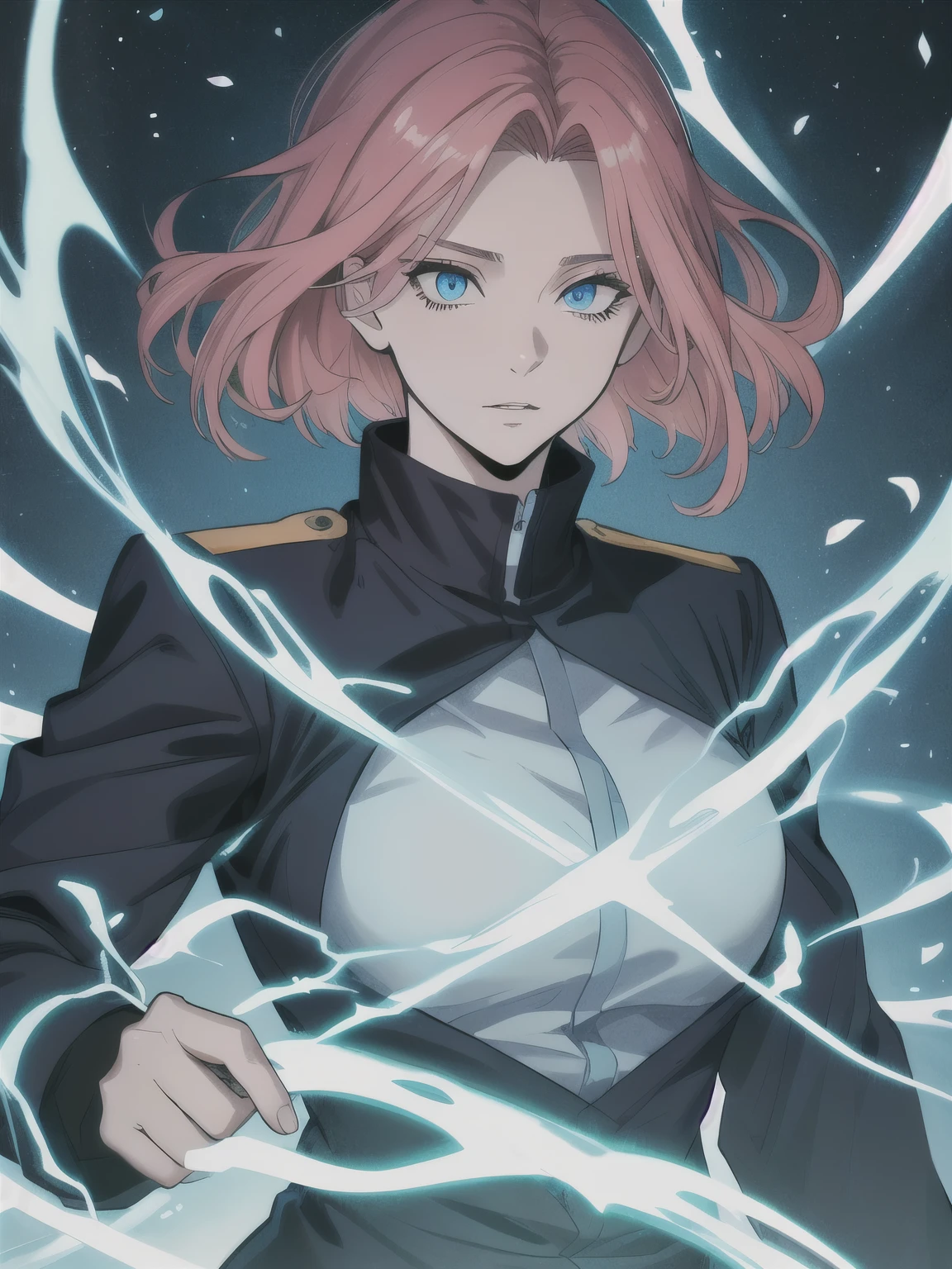 garota, jujutsu kaisen, obra de arte, melhor qualidade, cabelo rosa longo, uniforme azul escuro, olhos azuis esverdeados, magia, poder,