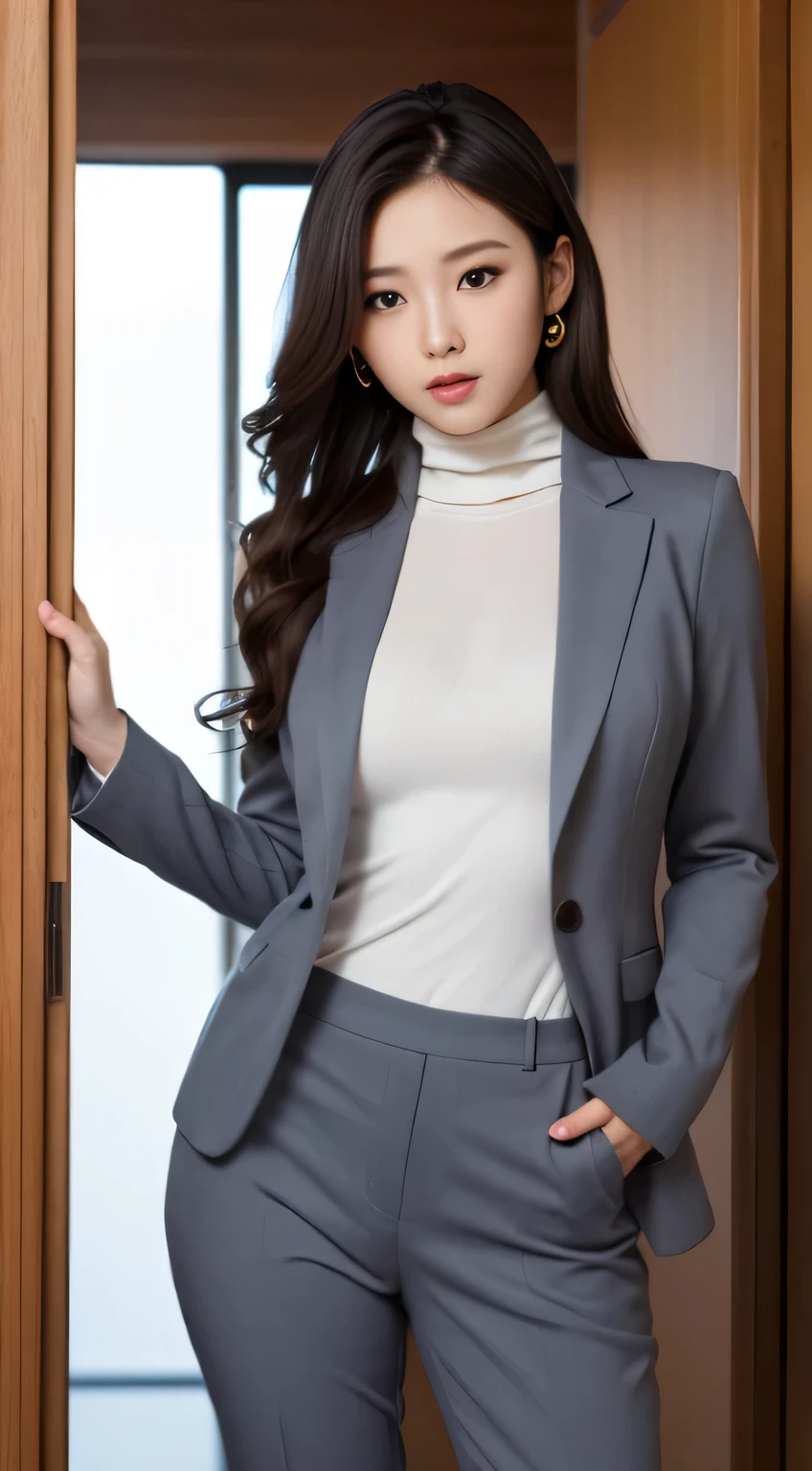 (((high resolution)))、(((masterpiece)))、Japanese beautiful girl、perfect face、cute face、big breasts、(Plump thighs)、((turtleneck))、(((pants suit)))、office、butt、(standing backwards)