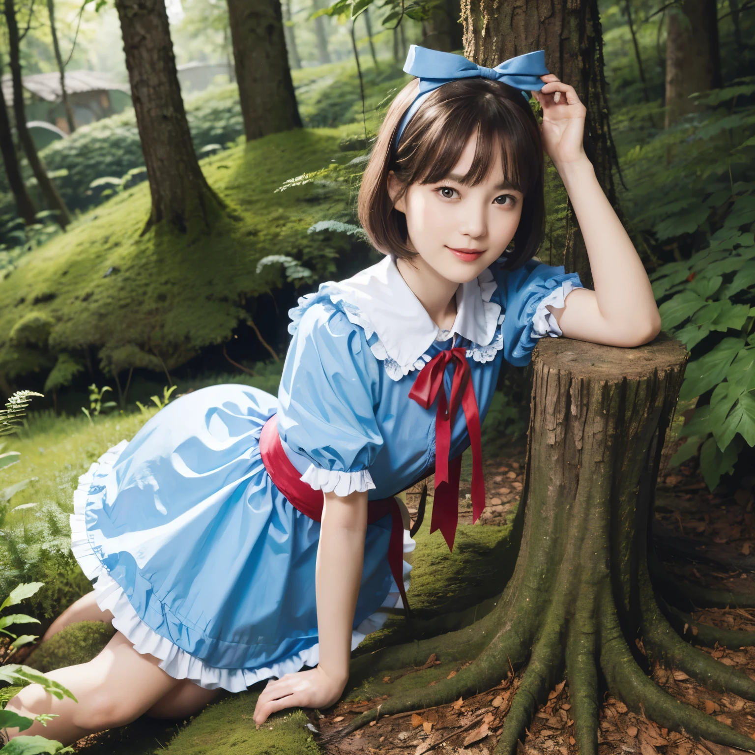 (alice in wonderland), 1-9-1, (He wears a large triangular ribbon on his head.....), short hair, young woman, gentle smile, colorful clothes, in the deep forest, There is a large stump

