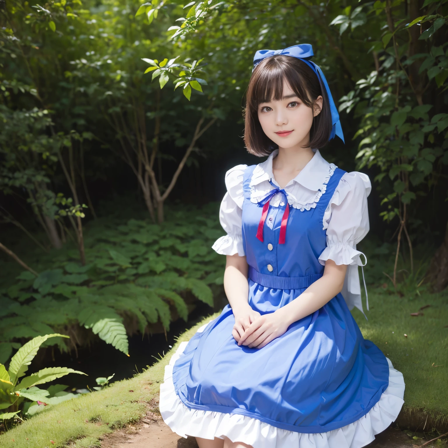 (alice in wonderland), 1-9-1, (He wears a large triangular ribbon on his head.....), short hair, young woman, gentle smile, colorful clothes, in the deep forest, There is a large stump

