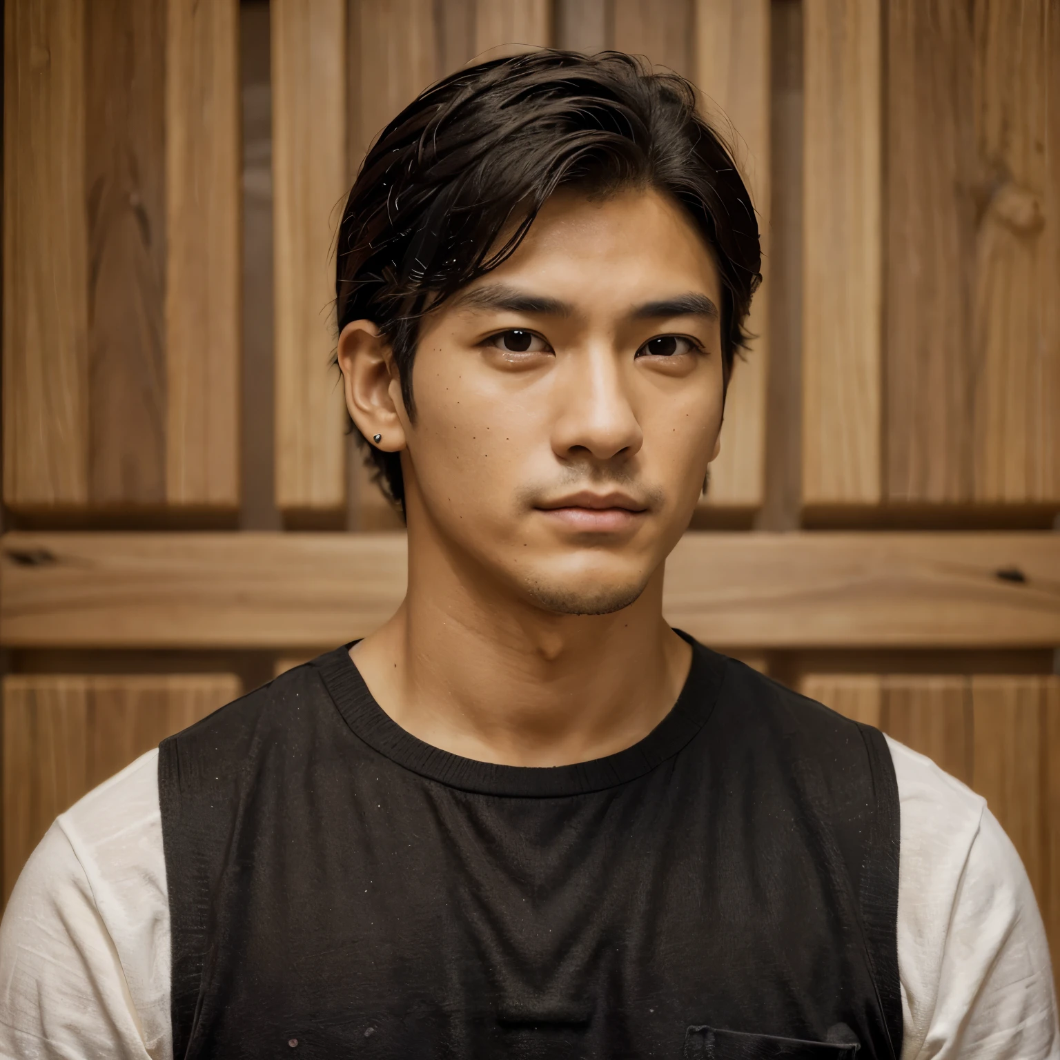 (obra maestra, Mejor calidad: 1.4), antecedentes detallados: hombre, coreano, guapo, pelo negro, pelo mediano, repartidor de pizza, pendientes