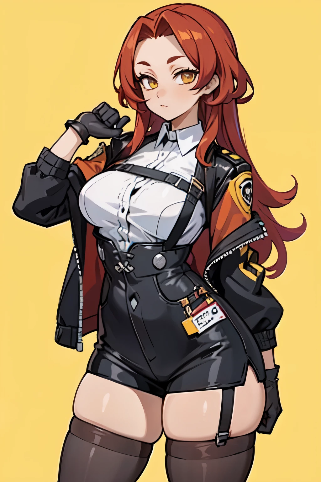 Masterpiece, best quality, white background, 1girl, red hair, orange hair fade, long hair, black dragon horns, green eyes, looking at viewer, light smile, red and orange jacket, sleeveless, large breasts