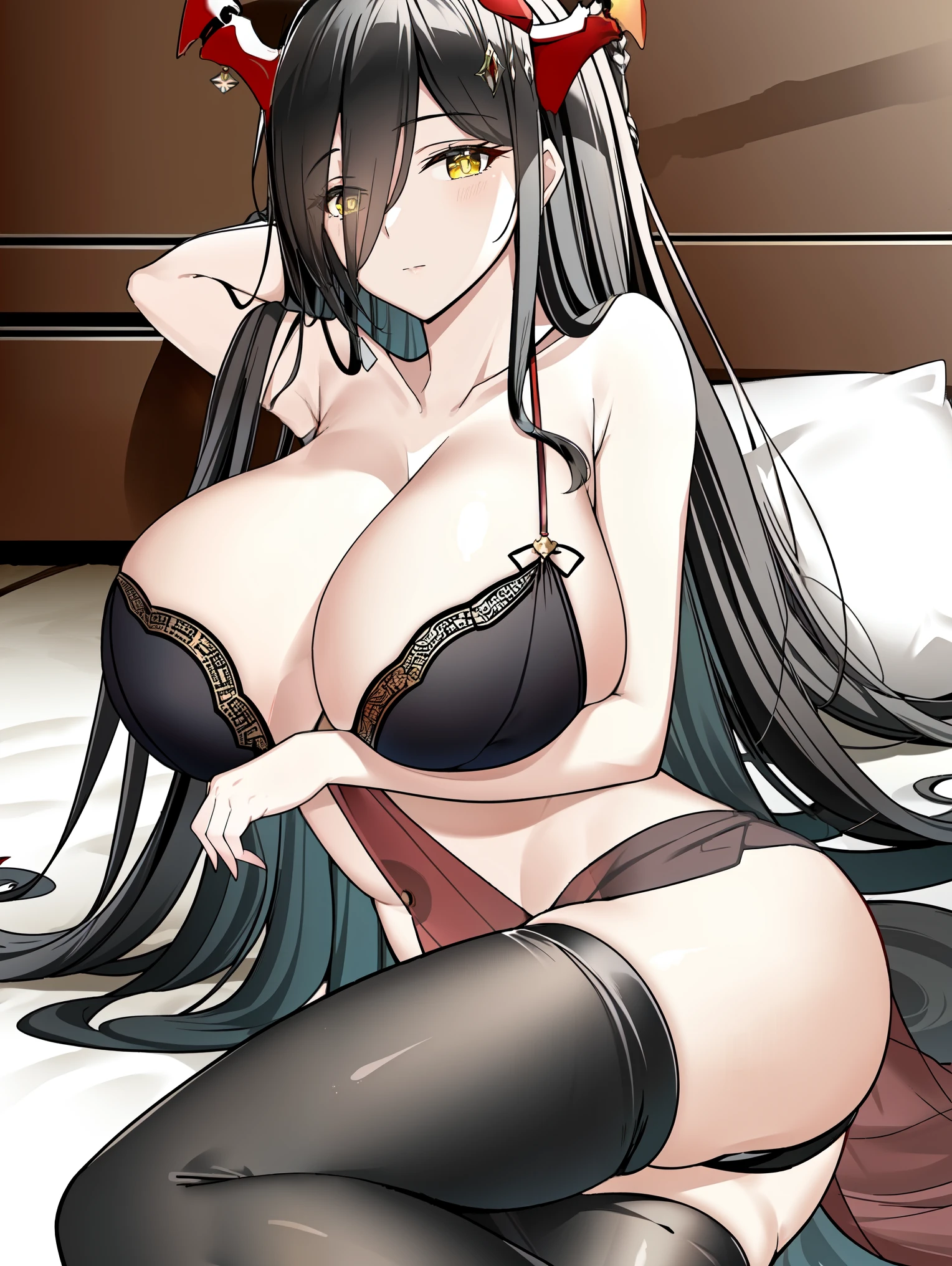 tmasterpiece,Best quality,extremely detaild CG unified 8k wallpapers, tmasterpiece, Best quality, CG, optics , Frederick the Great(((azur lane))),detail processing,((Black+yellow slit pupils)),headgear,hair on one eye, cabelos preto e longos,((virtuous,A mature woman)), Huge cleavage,Intimacies,eventide,Clear face,face expressionless,bangle,((big horns)),solo,((black stockings/ transparent long sarong)),(( Dunhuang_Sleepwear))
