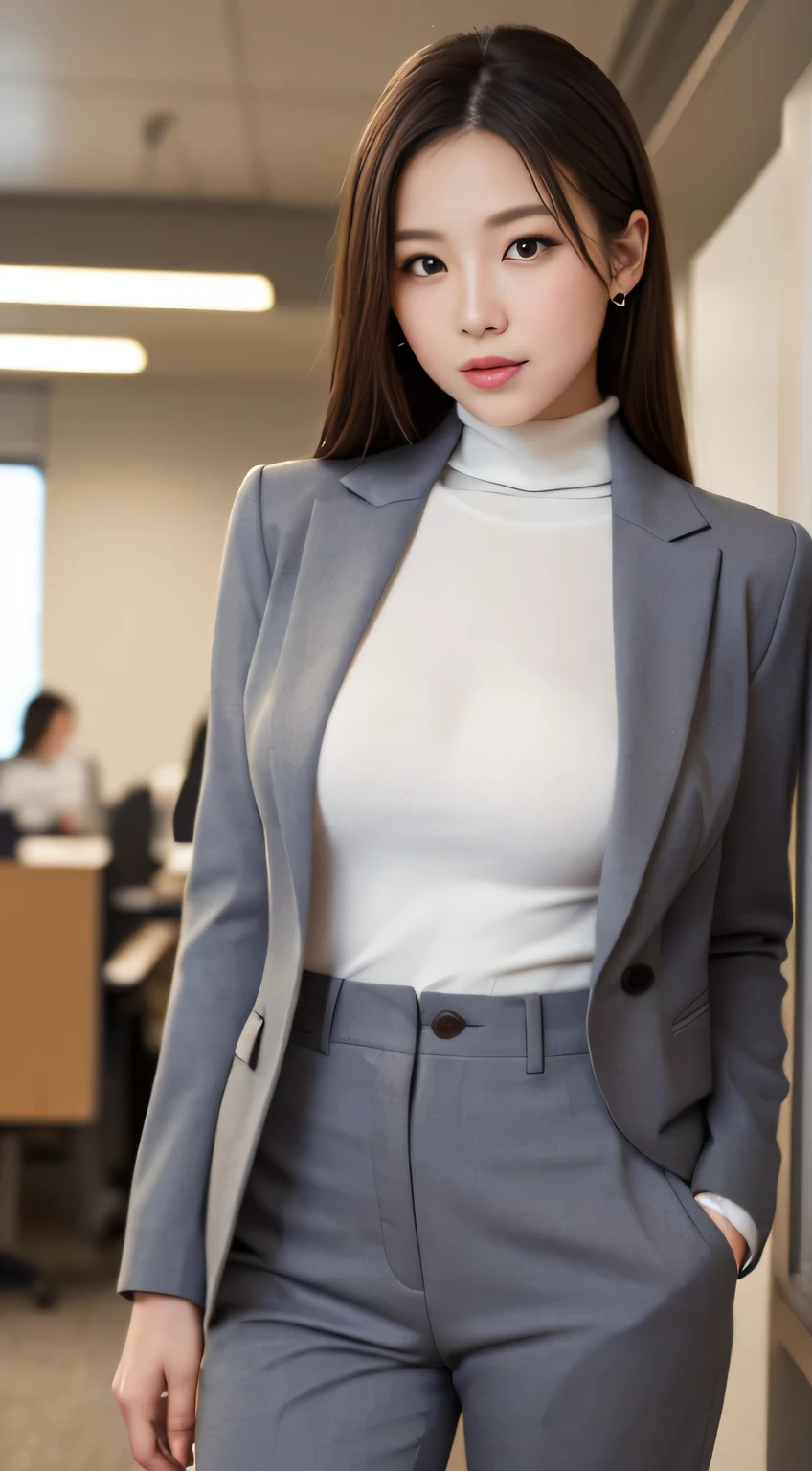 (((high resolution)))、(((masterpiece)))、Japanese beautiful girl、perfect face、cute face、big breasts、(Plump thighs)、((turtleneck))、(((pants suit)))、office
