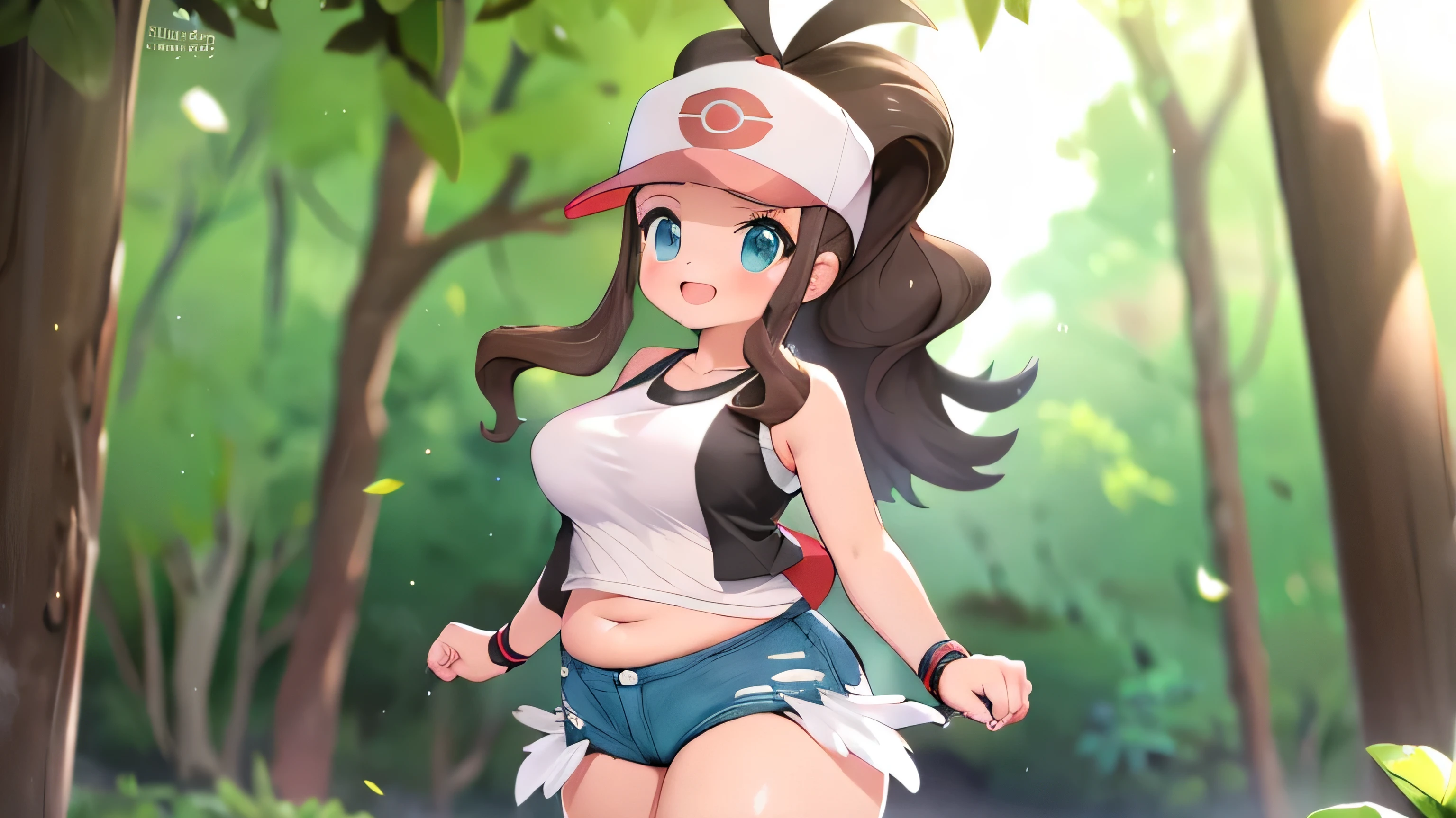 (Melhor qualidade, high resolution, obra de arte:1.2), ultra-detalhado, realista:1.37, sketches, Hilda Pokémon, def1, curved, visible thighs, coxas gordinhas, coxas grossas, coxas em primeiro plano, formato corporal, adorei o look, Sorriso, boca aberta, Charme Feminino, nsfw, very obese
