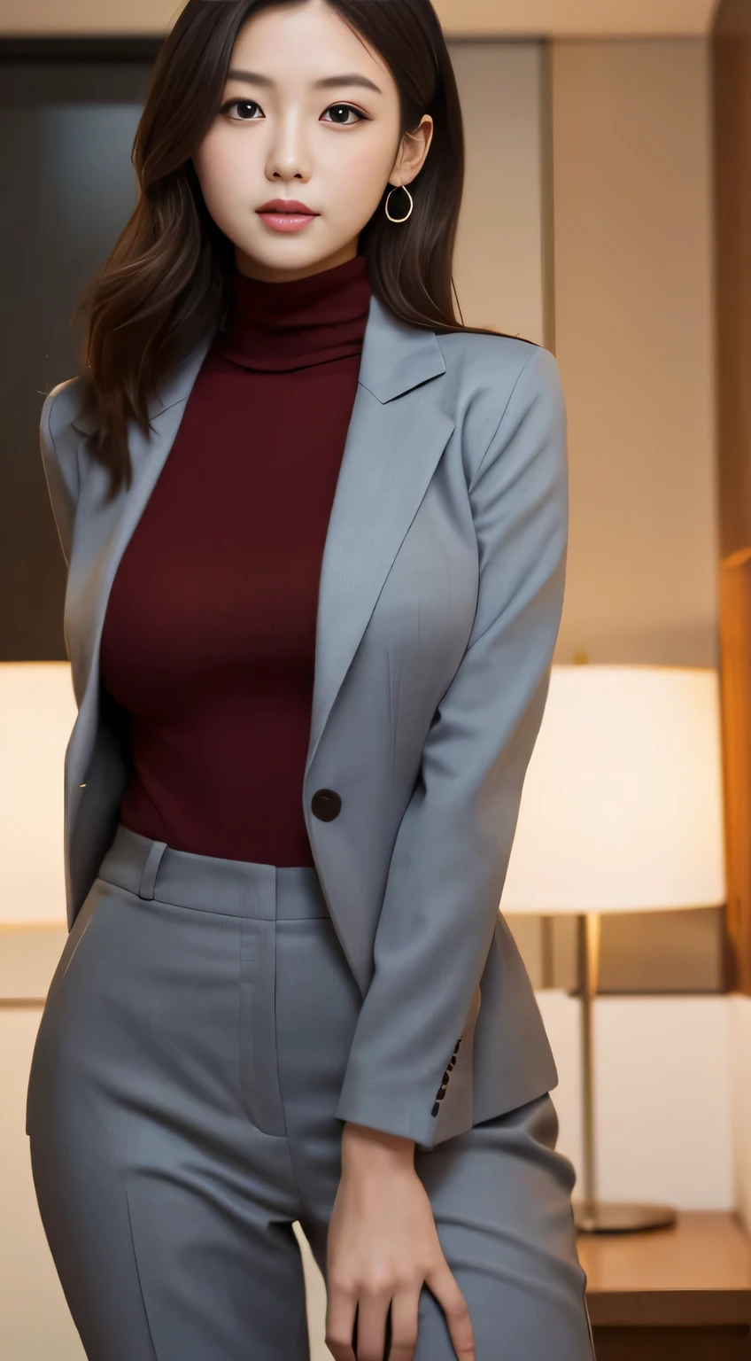 (((high resolution)))、(((masterpiece)))、Japanese beautiful girl、perfect face、cute face、big breasts、(Plump thighs)、((turtleneck))、(((pants suit)))、office