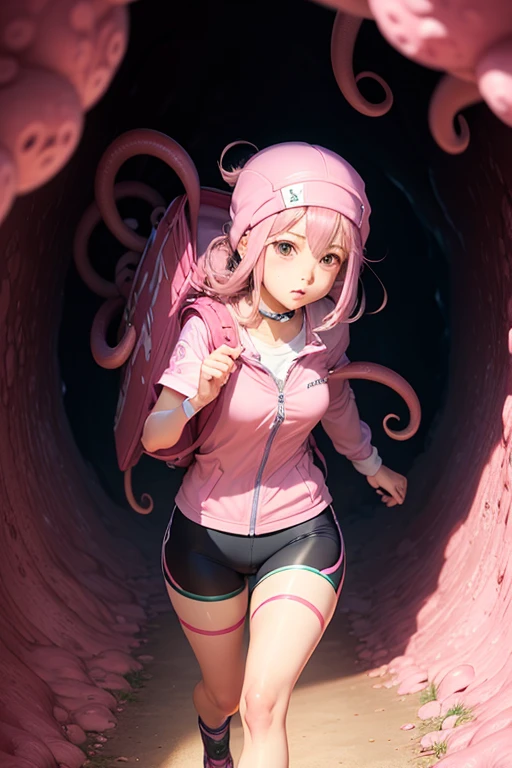 cute anime girl rides a bicycle, in running shorts, short shorts, Cave covered with pink biological cells , Tentacles entangled
