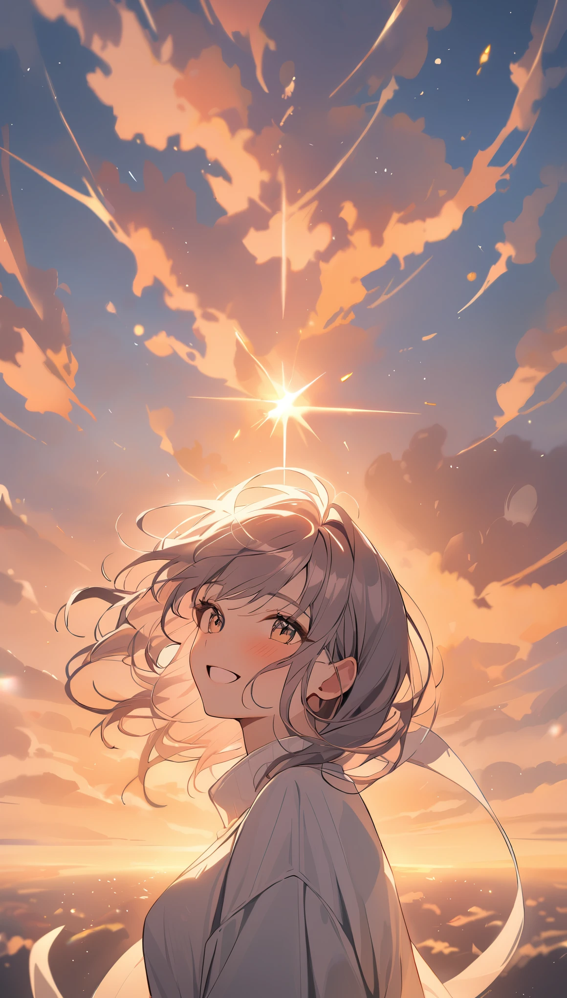 masterpiece, highest quality, movie stills, 1 girl, Cloud Girl, floating in the sky, close, bright, Happy, warm and soft lighting, sunset, (spark:0.7)