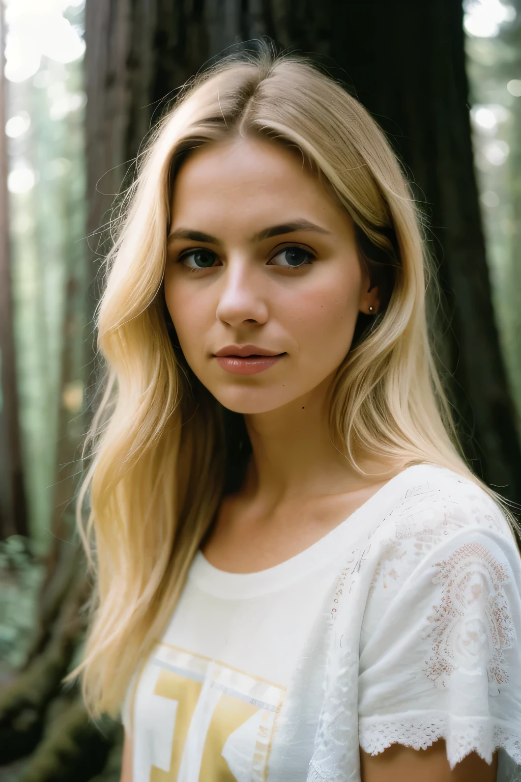 photograph of a thirty year old woman, (sympathetic expression on his face), turned to full face, looks straight into the camera, ultra textured leather, goosebumps, Blue eyes, blonde hair half up and half down, braid in hair, pink tank top with lace without pattern, tall ancient redwood trees, creating a feeling of wonder and awe, Beautiful blue eyes, ((hard lighting:1.4)), Velvia 100 color, shot on CineStill 800T, Boke, sharp focus on the subject, photographed by Manuela Marquez