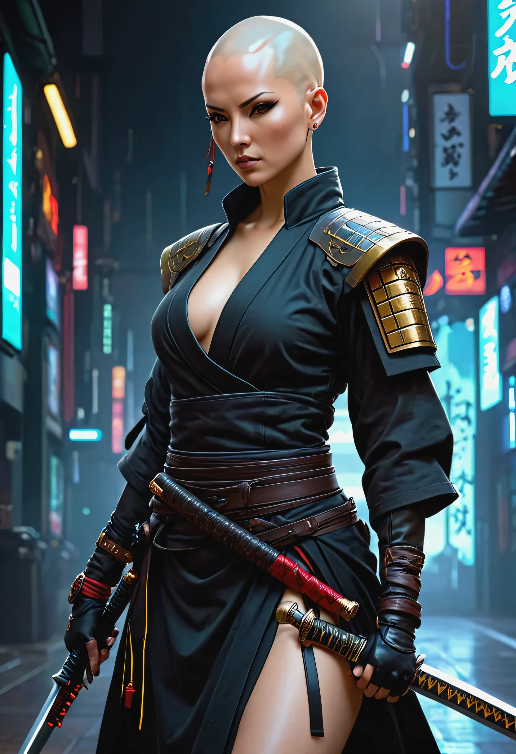 Samurai sword，sh4g0d style cyberpunk female warrior，(Bald，monk:1.2),bushido,robe