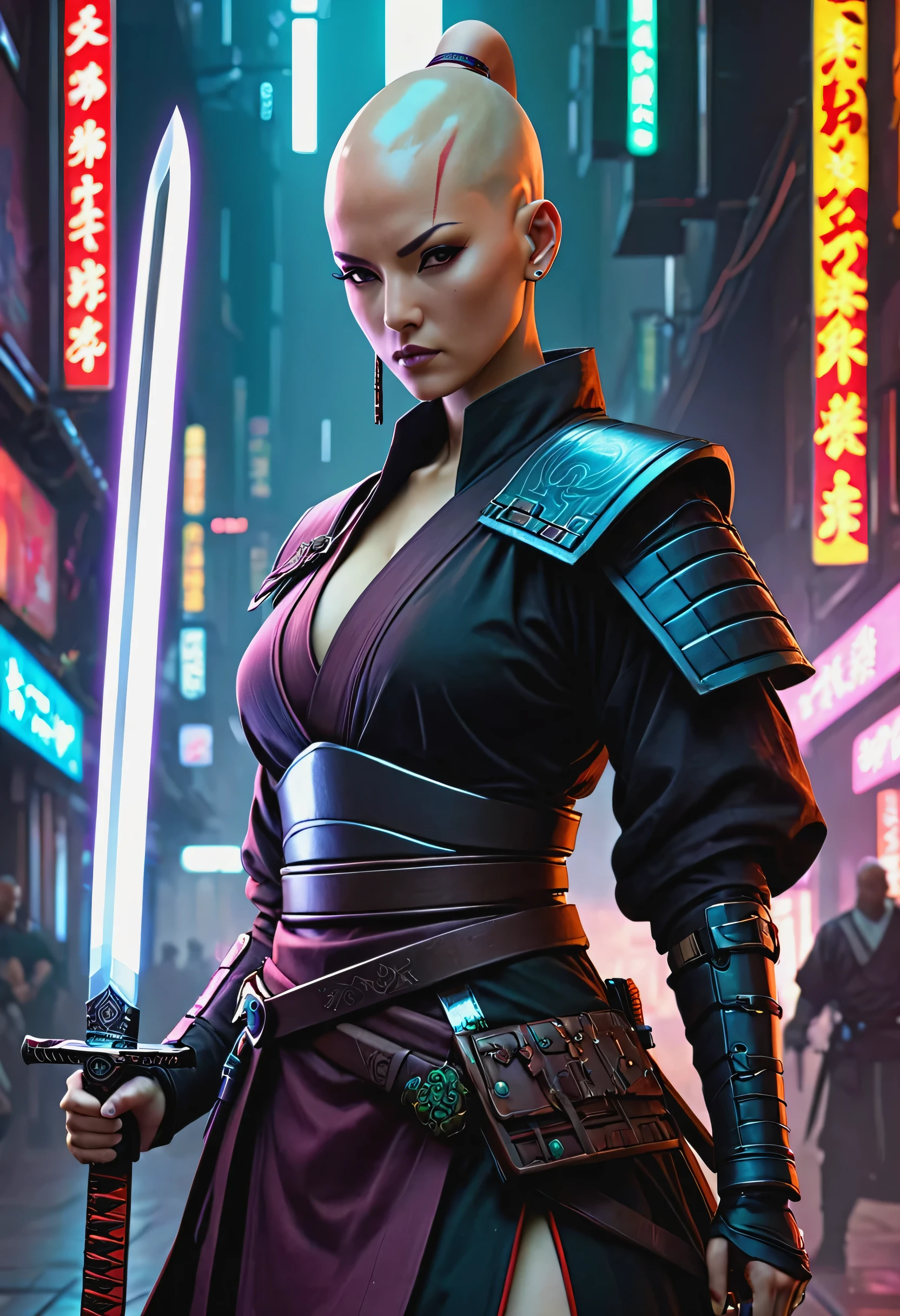 Samurai sword，sh4g0d style cyberpunk female warrior，(Bald，monk:1.2),bushido,robe