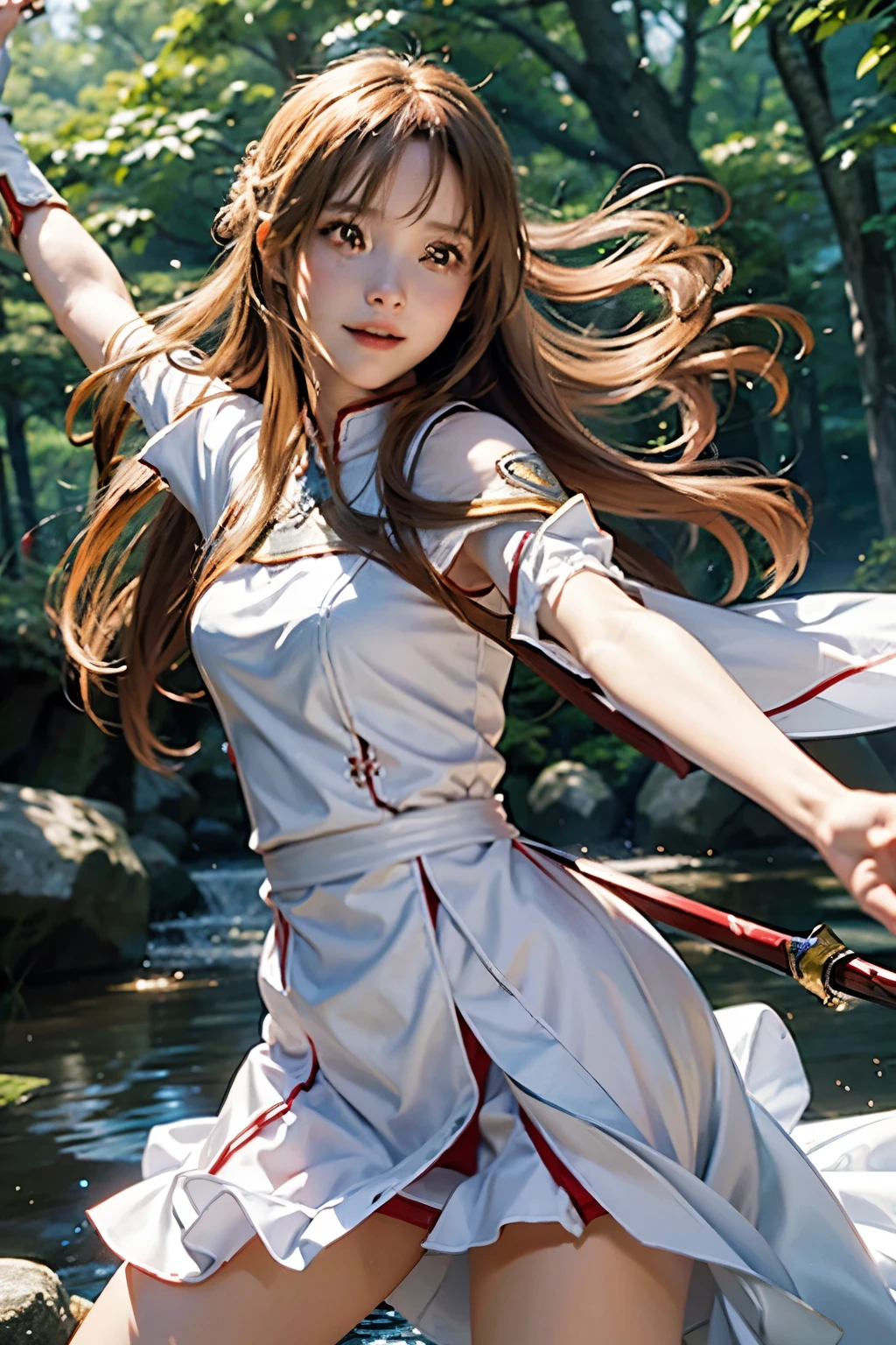 highest quality、masterpiece、delicate in every detail、8K.real life.Asuna,light smile,sexy,sword, hold a weapon, white dress, armor, floating hair, red skirt, holding sword, outstretched arm, highest quality