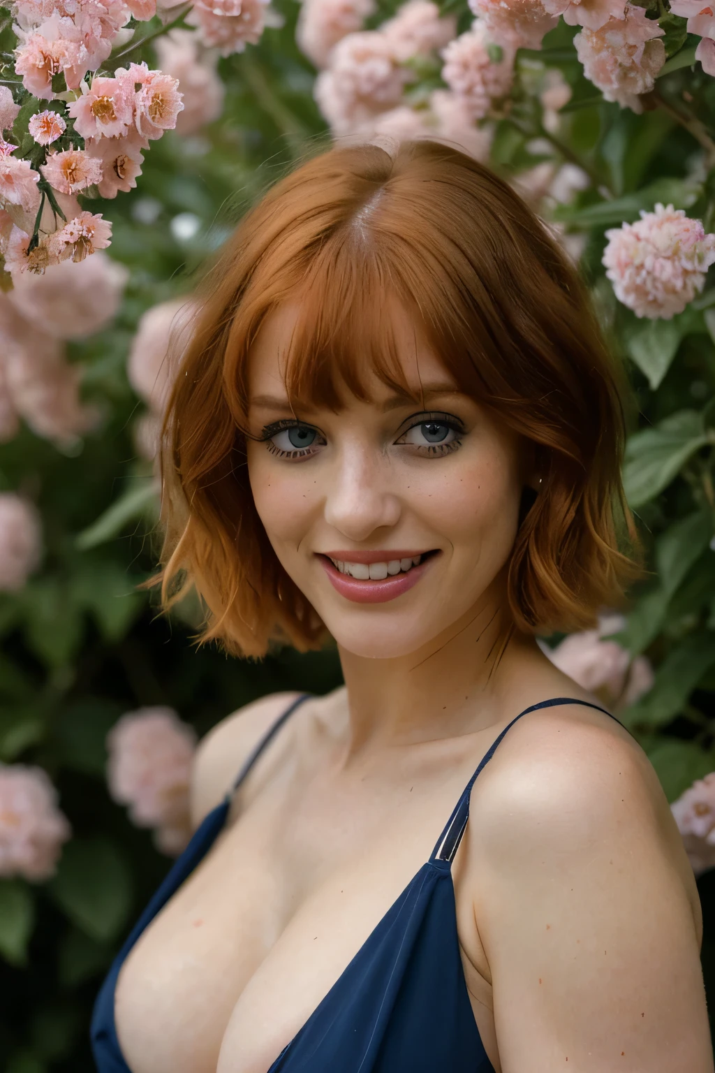Masterpiece, (Bryce Dallas Howard: 0.5), short hair, vivid orange hair, shy, cute, playful smile, high detail face, high detail skin, large dark blue dress, (high detail eyes:1.3), (small breasts:1.2), (strong athletic body), garden wiith flowers background, (UHD, 8K wallpaper, High resolution), Cinematic lighting, award-winning, extremely white detailed skin, extra detailed face, high detail eyes, photo-realistic, Zeiss 85 mm F/1.4, by Ellen von Unwerth