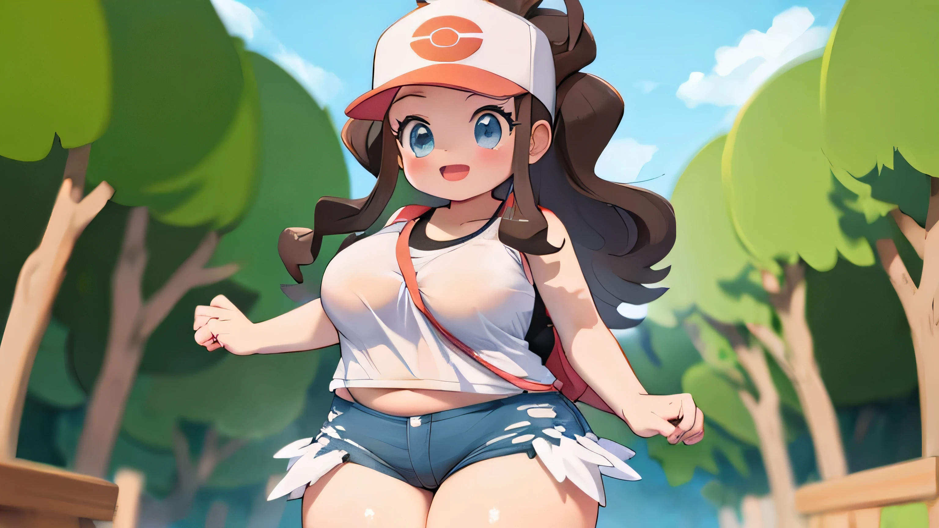 (Melhor qualidade, high resolution, obra de arte:1.2), ultra-detalhado, realista:1.37, sketches, Hilda Pokémon, def1, curved, visible thighs, coxas gordinhas, coxas grossas, coxas em primeiro plano, formato corporal, adorei o look, Sorriso, boca aberta, Charme Feminino, nsfw, very obese