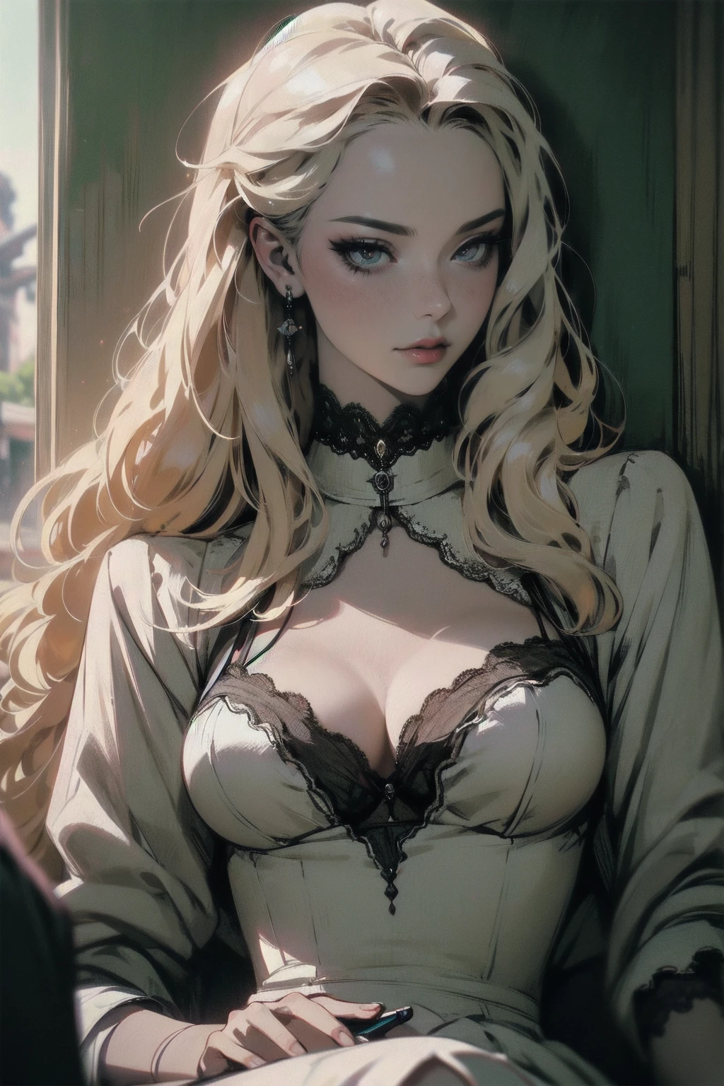 { - anatomy error}(Masterpiece - Ultra-detailed, very high resolution) Prepare to be enchanted by a true masterpiece that combines ultra-detailed art with high-resolution rendering. This work depicts a mesmerizing woman with very long blond hair (1.3) and captivating gray eyes (1.2), emanating an aura of elegance and mystery in Victorian settings. The intricate details and realistic textures invite you to explore every aspect of this enchanting composition. Woman wearing beautiful classic Victorian costume from the year 1878. Red lips. Happy face. Smiling. white dress (white) dress. Walking, writing, lying down, standing, on your back, dynamic poses. Get ready to dive into a world where beauty and craftsmanship merge perfectly.