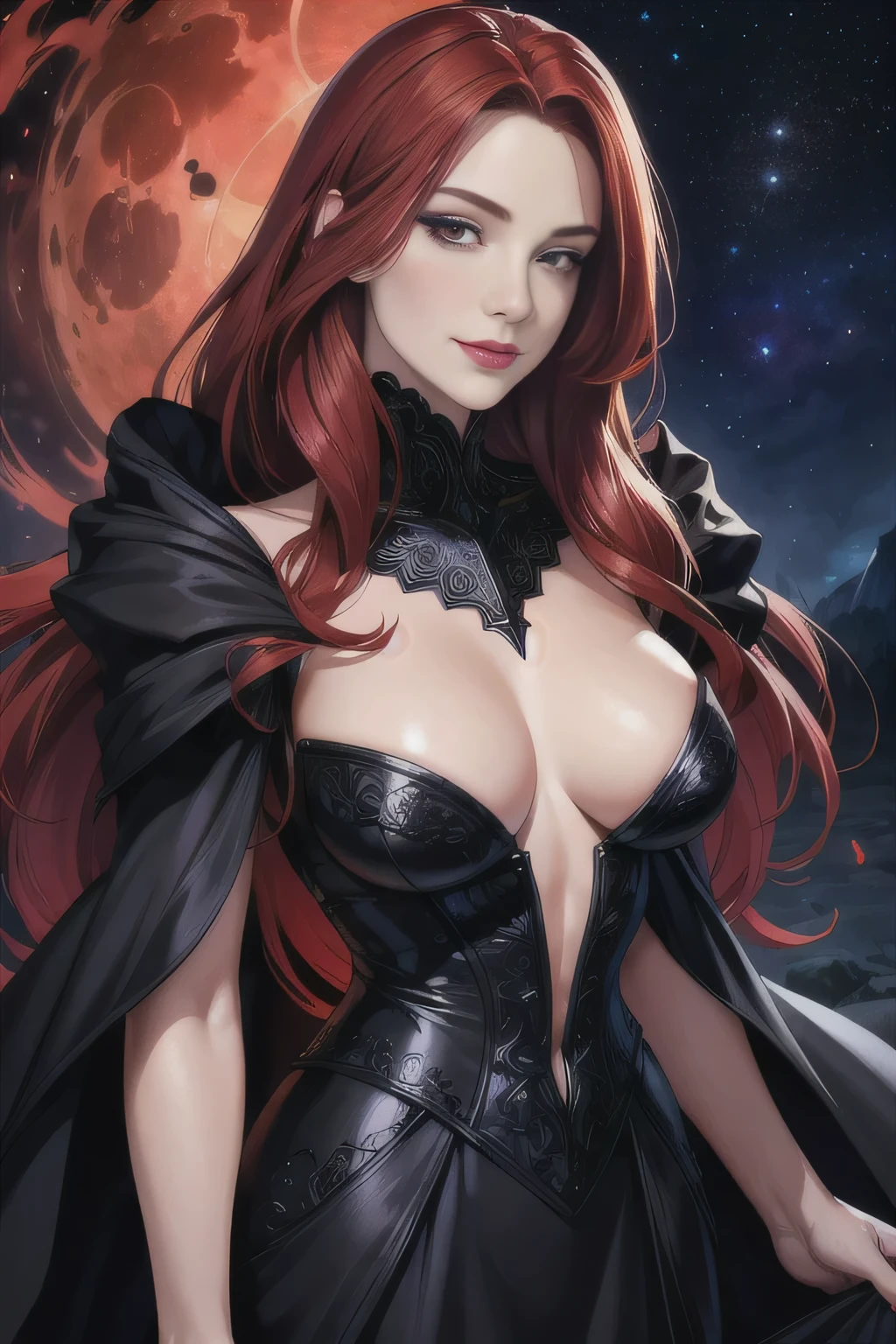 portrait shot, ((blood vivid red hair)), mature woman, 30 years old, diamond face, moonlight, red starry sky background, depth of field, magic, witch, big red lips, ((dark black eyes)) black and red long and full dress, covered chest, mystical atmosphere, ominous shadows, Intense blue aura, Intense red aura (best quality:1.2), absurdres, intricate details, (highly detailed skin:1.2), smile expression, posing, taut and well defined body, attractive. Highly realistic, pale skin, beautiful, hyperrealism, skin very elaborated, direct gaze