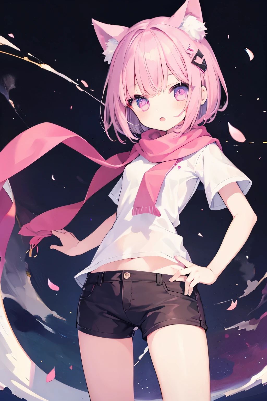 Very beautiful and shining eyes、shining eyes、((1 girl))、small breasts、big mouth、high school girl、small breasts、Cat ear、Transparent pink short hair、scarf、hot pants、transparent clothes、childish clothes、7 year old girl