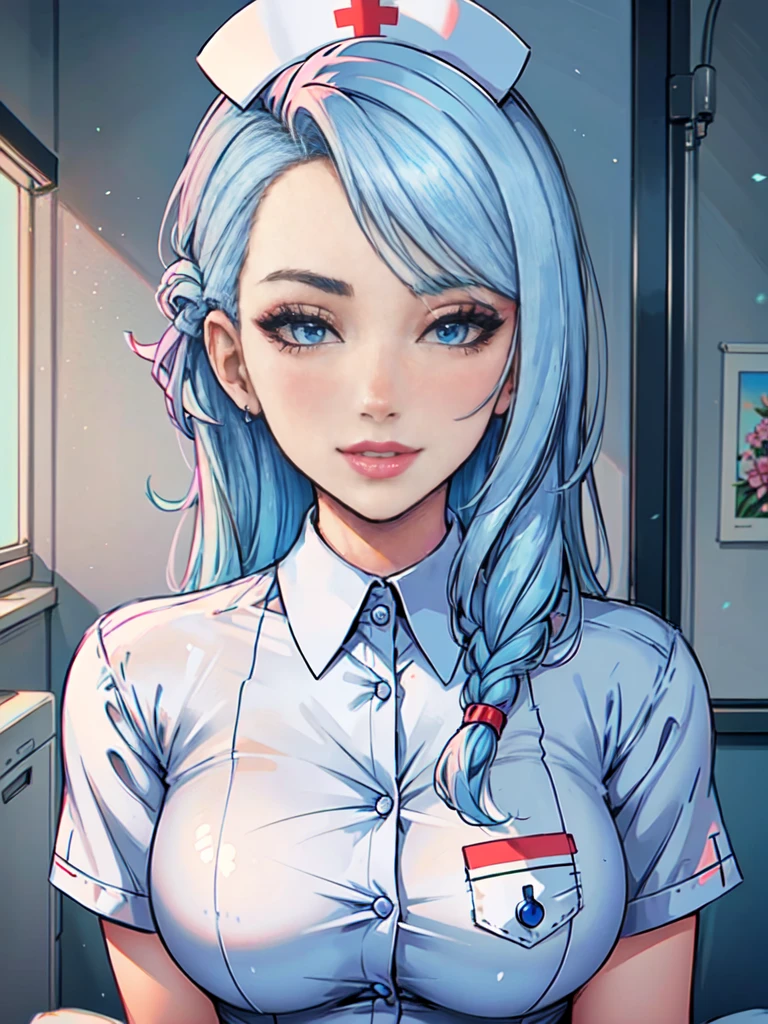 Masterpiece, raw, beautiful art, professional artist, 8k, art style by sciamano240, very detailed face, very detailed hair, 1 mature woman, perfectly drawn body, beautiful face, long hair, light blue hair , very detailed blue eyes, pouty lips , rosey cheeks, intricate details in eyes, playful smile, looking directly at viewer , in love with viewer expression, wedding ring , lipstick, very close up on face, sunny day, hospital room, wearing nurse uniform, legware,