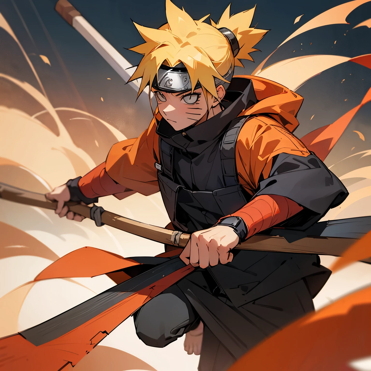 Naruto dressed up as a farmer in a farm , with an axe