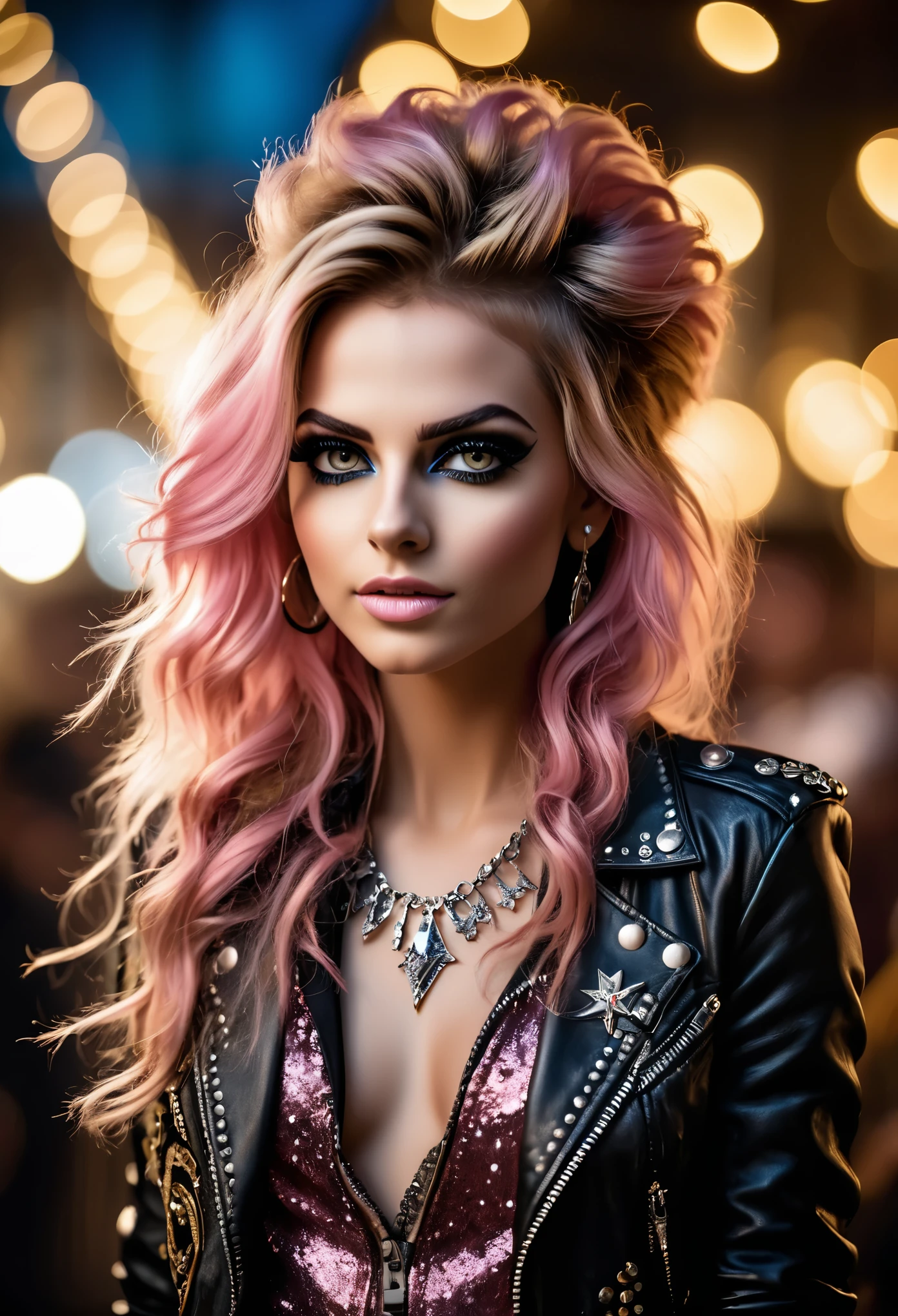 photo shot on Nikon D850, she is a rockstar., in style a glam rock, detailed face, blushing, teasing, Alluring. highly stylized, depth of field, bokeh effect, backlit, stylish, breathtaking, visually rich, masterpiece, full body shot.