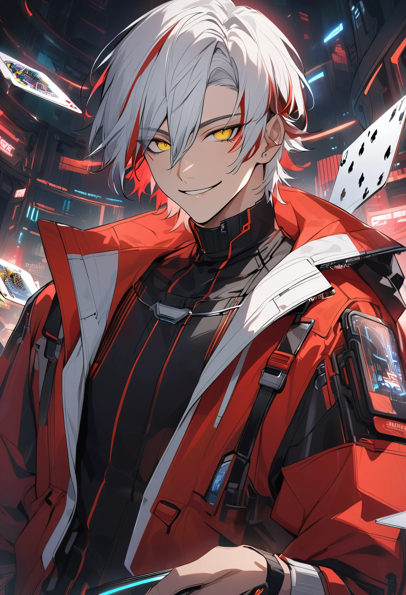 Handsome, solo, 1 male, short hair, white hair, red highlight at hair tips, yellow eyes, white and red clothes, smile facial, futuristic, cyberpunk, cards, dices, gambler