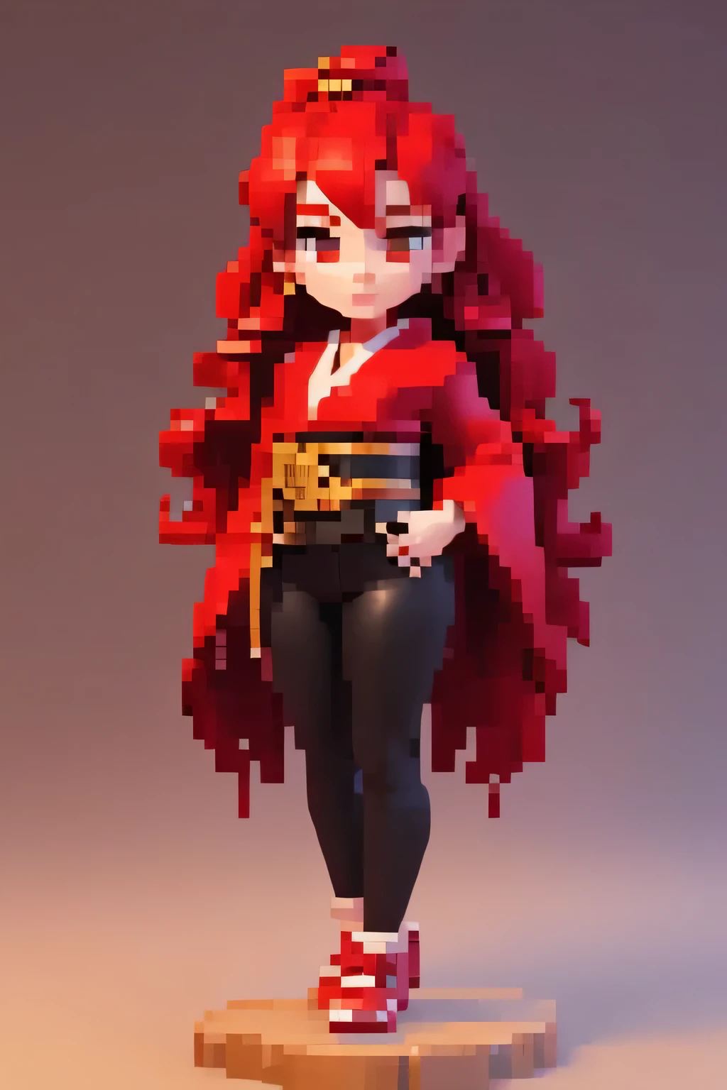 a perfect sexy girl kimono long wavy red rolled hair and wears short red kimono shows navel and tight black pants and red shoes carry a big sword filled with chopped edge