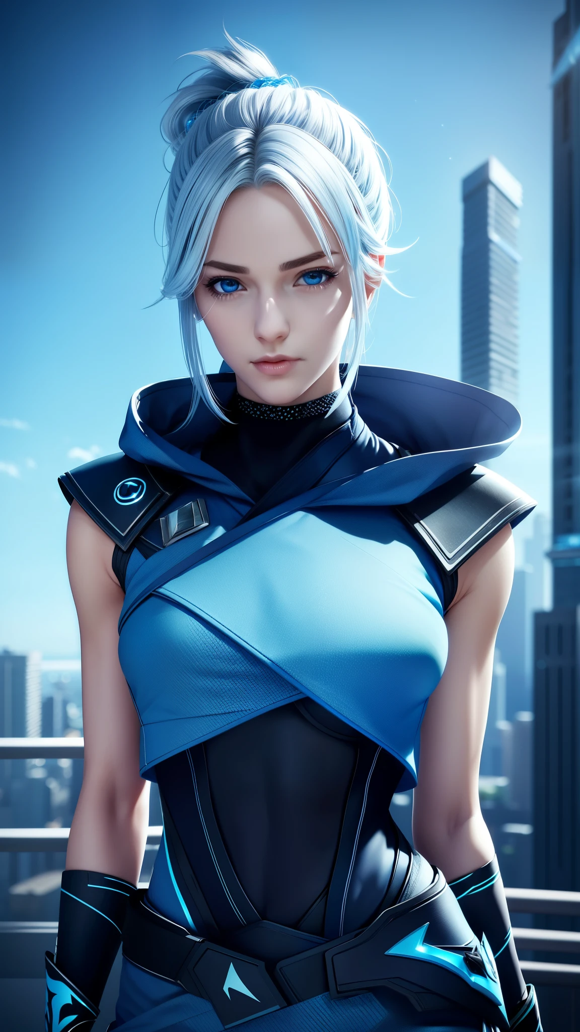 jett valorant, focused upper body, 1 girl, wearing blue ninja outfit, sparkling blue eyes, silver hair, highrise building background, nice perfect face with soft skin, intricate detail, 8k resolution, masterpiece, 8k resolution photorealistic masterpiece, professional photography, natural lighting, detailed texture,