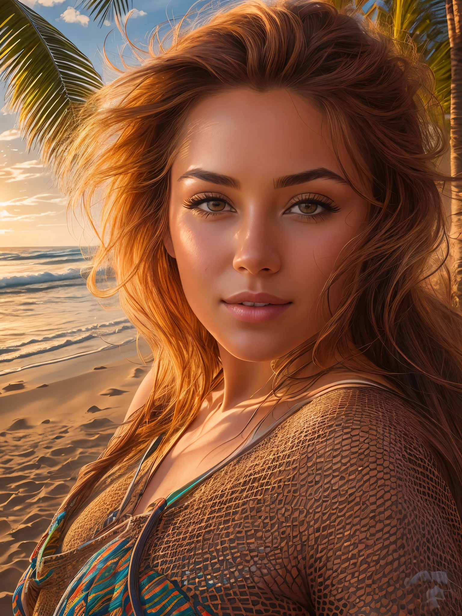 A stunning portrait of a beautiful woman, capturing every detail in high-resolution and ultra-detailed realistic style. Her lifelike colors radiate a vibrant palette, reflecting the warm hues of a glowing sunset over a tranquil beach scene. The photorealistic image showcases the intricacies of her features, bringing out the true textures of her skin under the HDRI lighting. The professional composition utilizes both sharp focus and bokeh, perfectly balancing the depth of the scene and highlighting the physical beauty of the subject. Set against the backdrop of crashing waves and lush palm trees, this image is a true masterpiece of physically-based rendering, beautifully