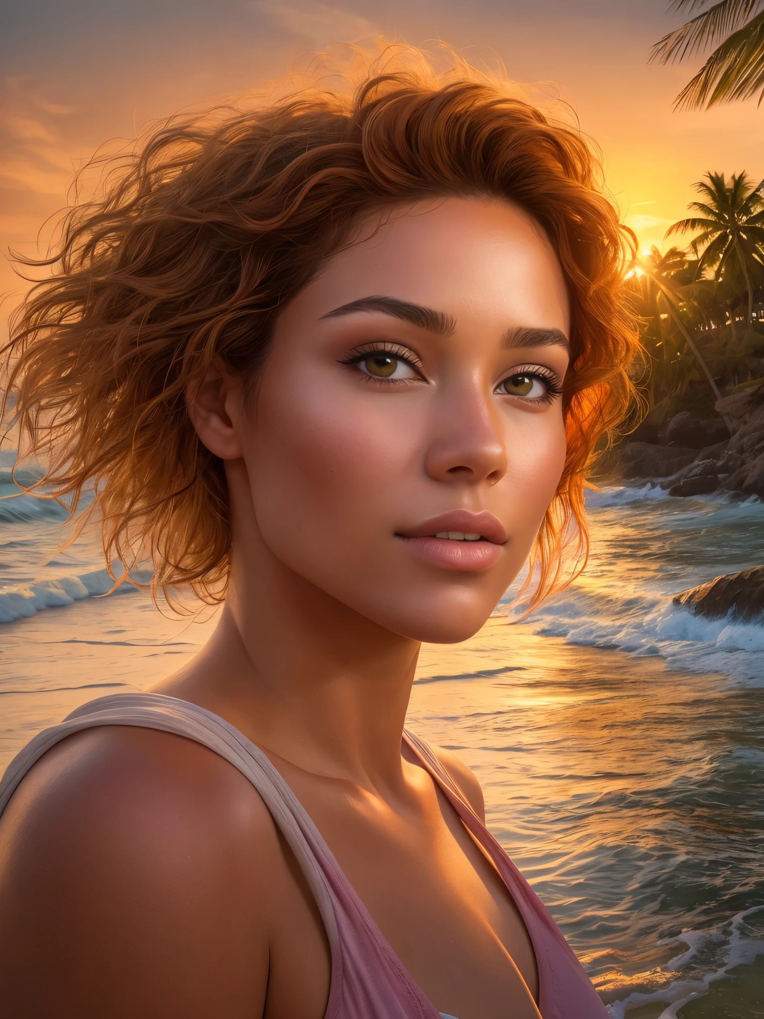 A stunning portrait of a beautiful woman, capturing every detail in high-resolution and ultra-detailed realistic style. Her lifelike colors radiate a vibrant palette, reflecting the warm hues of a glowing sunset over a tranquil beach scene. The photorealistic image showcases the intricacies of her features, bringing out the true textures of her skin under the HDRI lighting. The professional composition utilizes both sharp focus and bokeh, perfectly balancing the depth of the scene and highlighting the physical beauty of the subject. Set against the backdrop of crashing waves and lush palm trees, this image is a true masterpiece of physically-based rendering, beautifully