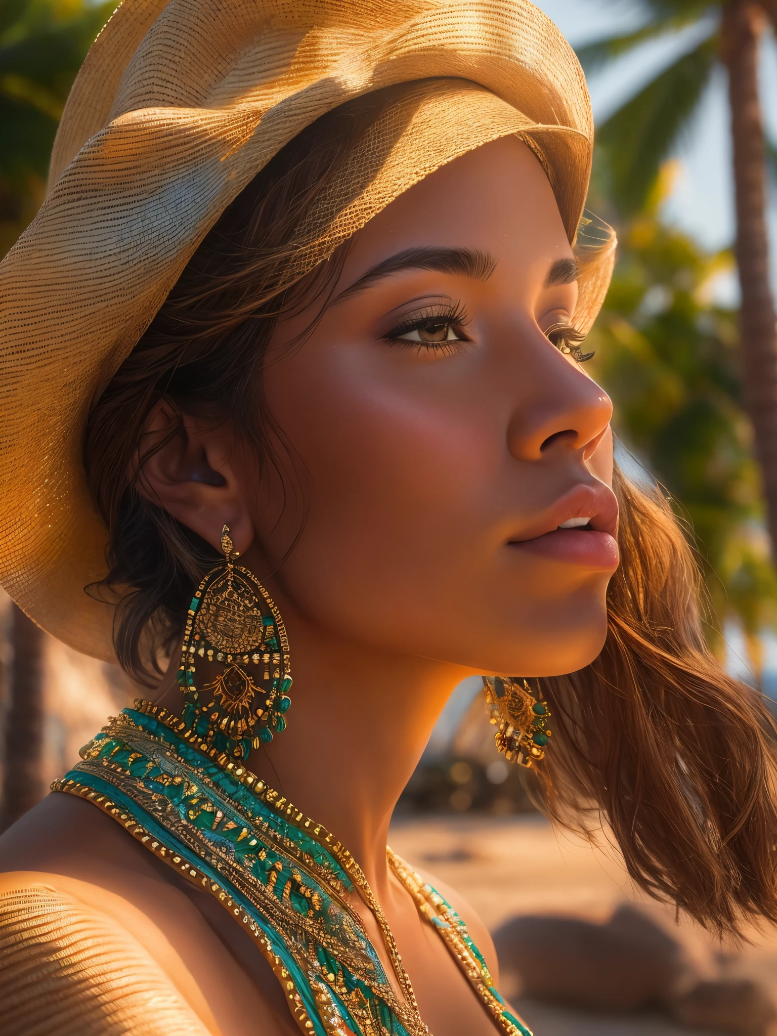A stunning portrait of a beautiful woman, capturing every detail in high-resolution and ultra-detailed realistic style. Her lifelike colors radiate a vibrant palette, reflecting the warm hues of a glowing sunset over a tranquil beach scene. The photorealistic image showcases the intricacies of her features, bringing out the true textures of her skin under the HDRI lighting. The professional composition utilizes both sharp focus and bokeh, perfectly balancing the depth of the scene and highlighting the physical beauty of the subject. Set against the backdrop of crashing waves and lush palm trees, this image is a true masterpiece of physically-based rendering, beautifully