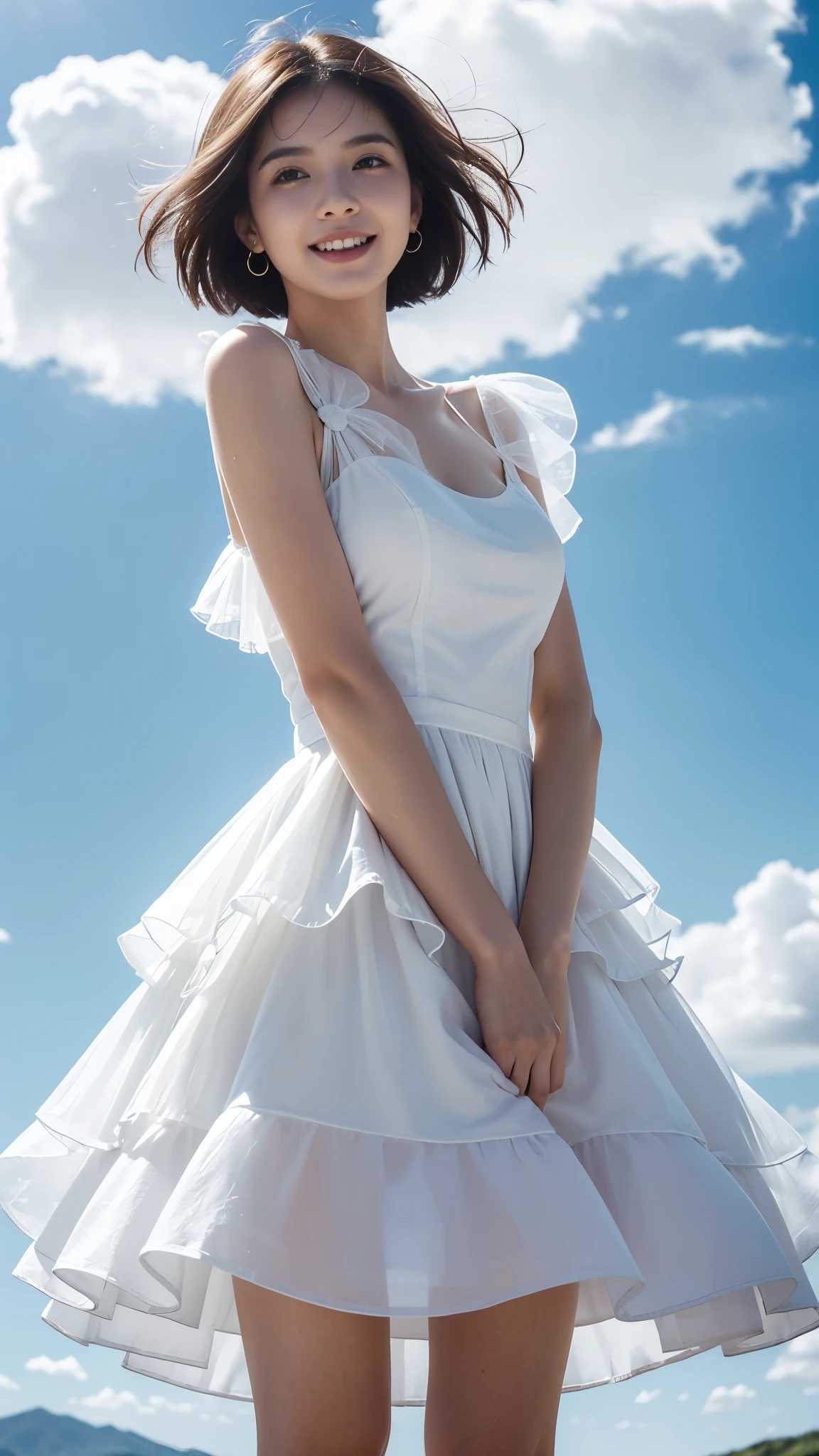 ((best quality, 8 thousand, masterpiece:1.3)), Concentrate upon: 1.2, bee waist, perfect body beauty: 1.4, ((layered haircut:1.2)), (raceway), Highly detailed face and skin texture, White skin, whole body, Looking at it, the gap is big., big bust, volume, laugh, pretty teeth, sweet, blue sky, blue sky, Crush clouds, translucent dress, wearing a wet white short dress, wearing a white dress, trendy white clothes, multi-layered outfit, wearing a cute white dress