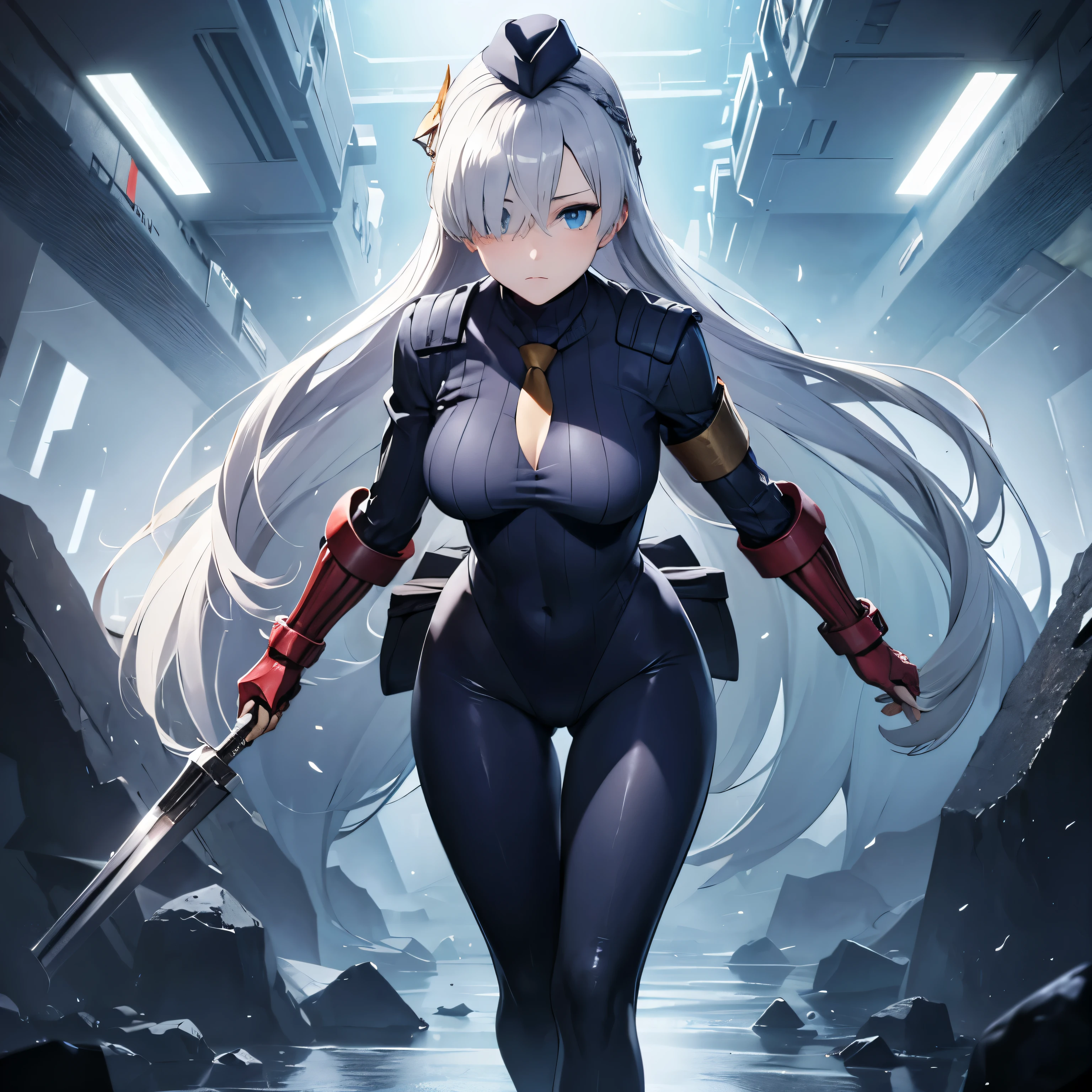 hat, necktie, gloves, ribbed bodysuit, expressionless, blank eyes, looking at viewer, corruption, mind control, female combatant, full body, hypnotized, unhappy trance, full body, obey, perfect female body, hypnosis, hypnoLora, empty eyes, Mind control device, poses, submissive_pose, Slave, standing straight, standing, standing at attention, Fighting Stance, extending the right arm from the shoulder into the air with a straightened hand, (((pixel-perfect, detail-perfect))), solo, 1girl, hair ornaments, anastasia, blue eyes, grey hair, hair between eyes, (hair over one eye:1.5), long hair, bangs, medium breast