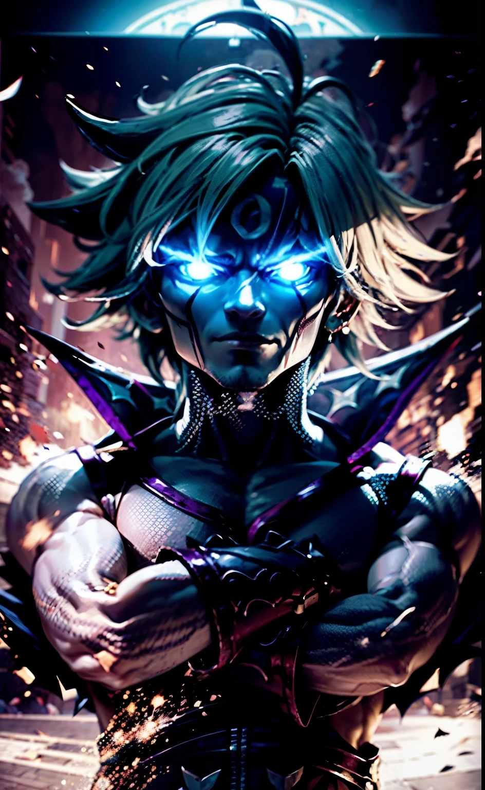 Masterpiece, best image of the year, meliodas in his best form as supreme demon, demonic mark, demonic aura, white leather clothing, most feared demon, Demonic aura in purple