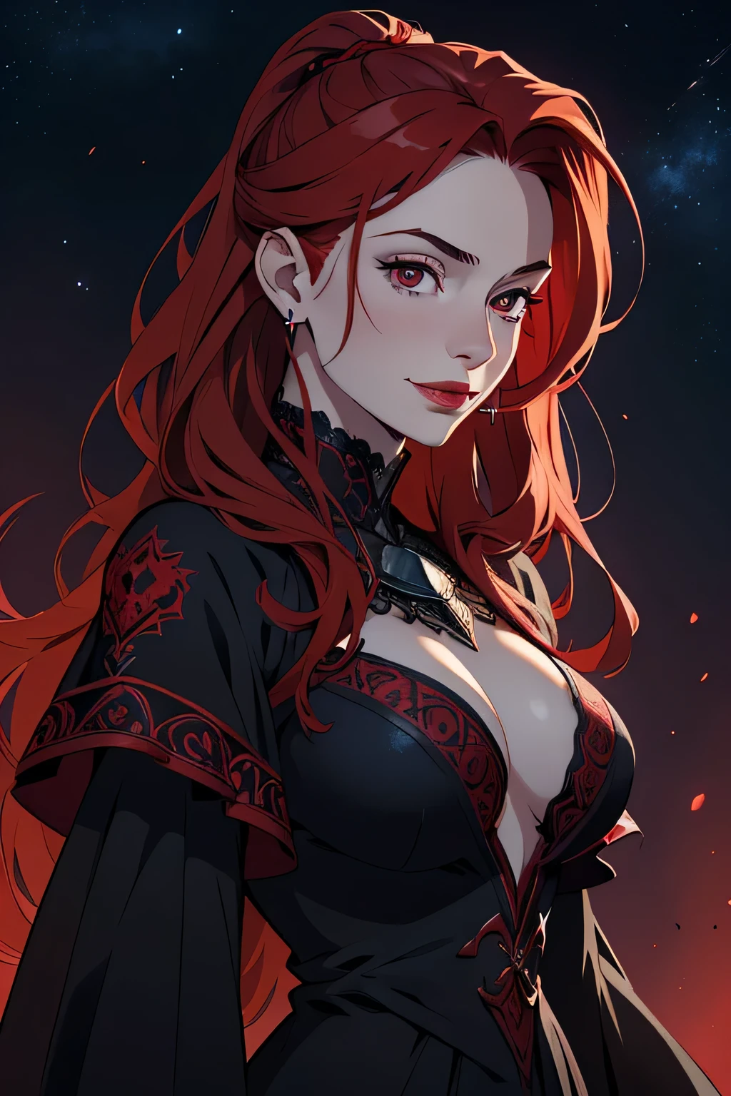 portrait shot, ((vivid red hair)), mature woman, 30 years old, diamond face, moonlight, red starry sky background, depth of field, magic, big red lips, ((dark black eyes)) blue and red long and full dress, covered chest, mystical atmosphere, ominous shadows, Intense blue aura, Intense red aura (best quality:1.2), absurdres, intricate details, (highly detailed skin:1.2), smile expression, posing, taut and well defined body, attractive. Highly realistic, pale skin, beautiful, hyperrealism, skin very elaborated, direct gaze