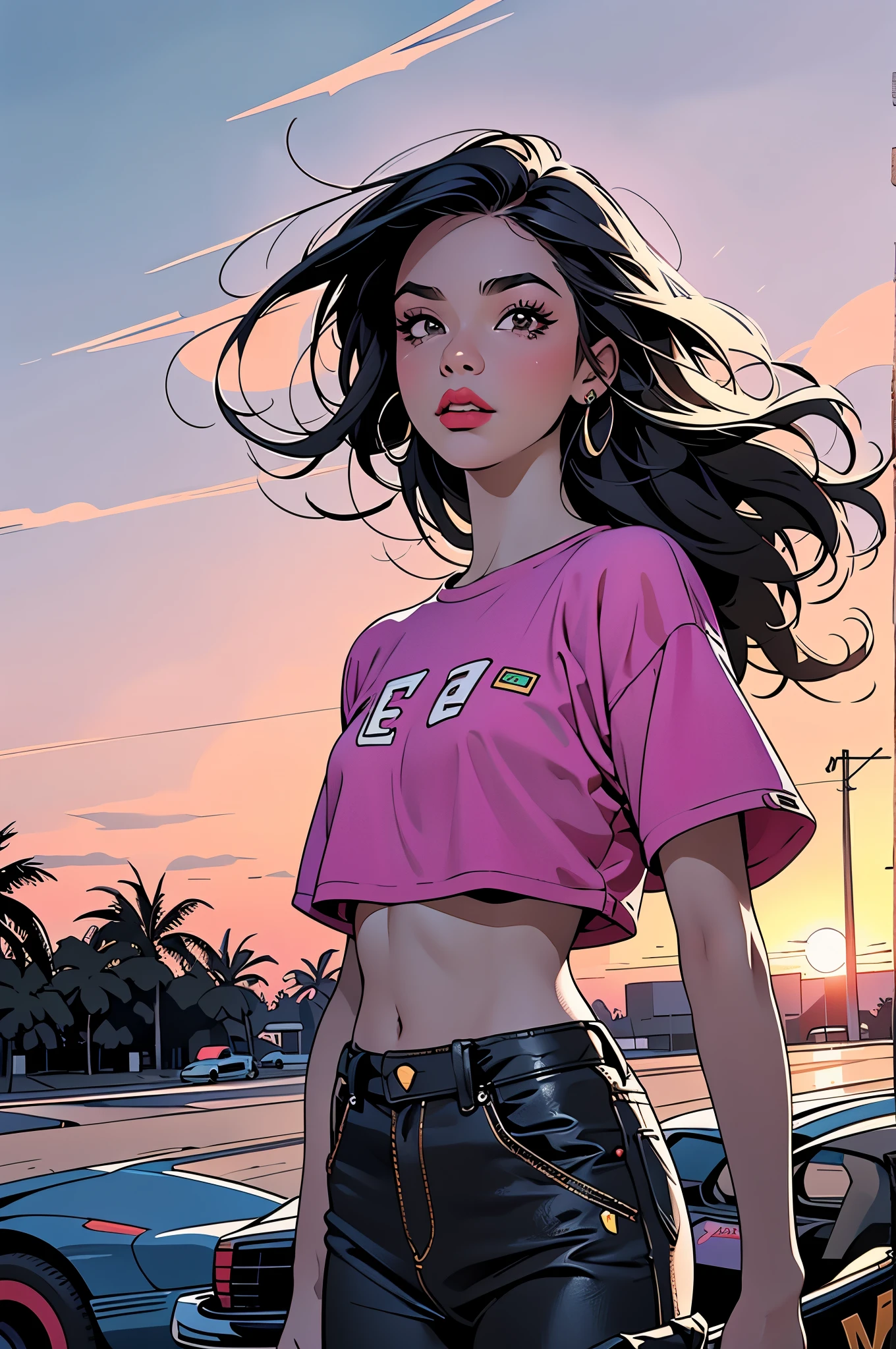 retro girl, Miami, sunset, Ferrari, palm tree, 90's, (flat colors, flat texture, lineart:1.2), graphical design, (heavy ink, ink blacks),