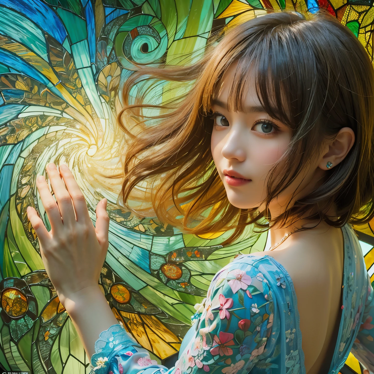 (masterpiece, best quality, 8k, RAW photo:1.2), beautiful Japanese girl, Japanese actress, detailed face, detailed blue eyes, (detailed skin:1.2), wavy hair, light brown hair, medium hair, smile, small breasts, cleavage, (evening dress with floral patterns:1.5), (image of a girl standing in front of a vibrant and intricate stained glass background filled with swirling patterns and glowing embellishments:1.3), (touching a stained glass:1.2), (the glass to ripple:1.2), (looking back at viewer:1.2), (close-up face:1.3), dynamic angle, grow