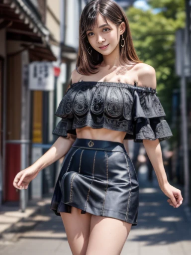 (8K, RAW photo, professional, best quality, masterpiece:1.2), (realistic, photo-realistic:1.37), ultra detail,(best detail skin:1.2), (best detail face:1.2), cinematic lighting,  a japanese transsexual woman in the back street of Japan, from below, (1 woman), ((transsexual, cloth bulge, bulgeJ8)), ((she has a huge cock, she has a visible boner, erection under clothes)), (huge breasts), she is wearing ((off-shoulder crop top)) and ((tiered mini skirt)).  clothes are mono tone, hot summer day, sun is shining, middle of the day, looking at viewer, she has very flirty smile looking at you, she is extremely sexy and beautiful, ((extremely beautiful)), her body has beautiful curves, ((perfect waist line)), she is slender, she is slim body, (beautiful legs), (nice round booty), (fine textured skin:1.2), (intricate details: 1.6), 