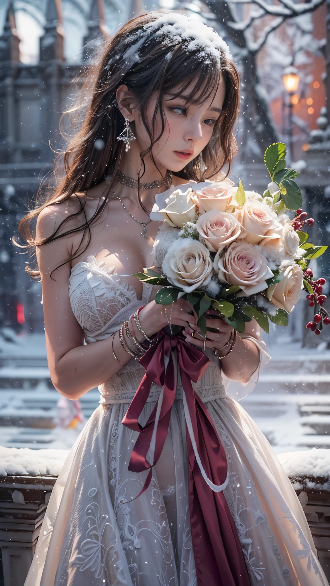 (RAW shooting, Photoreal:1.5, 8K, highest quality, masterpiece, ultra high resolution), ((((heavy snow, Blizzard)))), Highly detailed skin and facial textures:1.3, perfect dynamic composition:1.2, (In front of a church at night in a modern city, expression of sadness:1.0, Tears are flowing:1.0, cry with a broken heart:1.0), Slim office lady wet in the rain:1.3, cowboy shot, Fair skin:1.2, sexy beauty:1.1, perfect style:1.2, beautiful and aesthetic:1.1, very beautiful face:1.2, water droplets on the skin, (rain drips all over my body:1.2, wet body:1.2, wet hair:1.3), (professional dressing:1.1, Holding a bouquet of wet roses:1.2, The correct way to wear a wet wine red wedding dress:1.3), (Medium chest, bra is see-through, Chest gap), (Eyes that feel beautiful eros:0.8, Too erotic:0.8, Bewitching:0.8), necklace, earrings, bracelet, wedding ring, Highly detailed hand and finger expressions