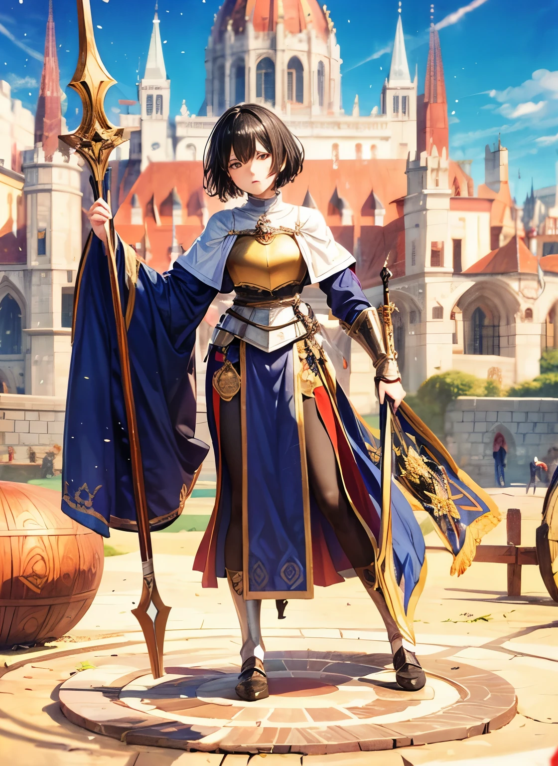 Jeanne Darke, black hair, short hair, In turn,, was a brave and unshakable warrior, inspired by faith and patronage of heavenly powers. , circular composition illustrates the influence of various structural forces, (decorative elements in medieval style, and other elements), short dark hair