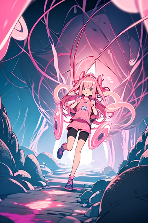 cute anime girl rides a bicycle, in running shorts, short shorts, Cave covered with pink biological cells , Tentacles entangled