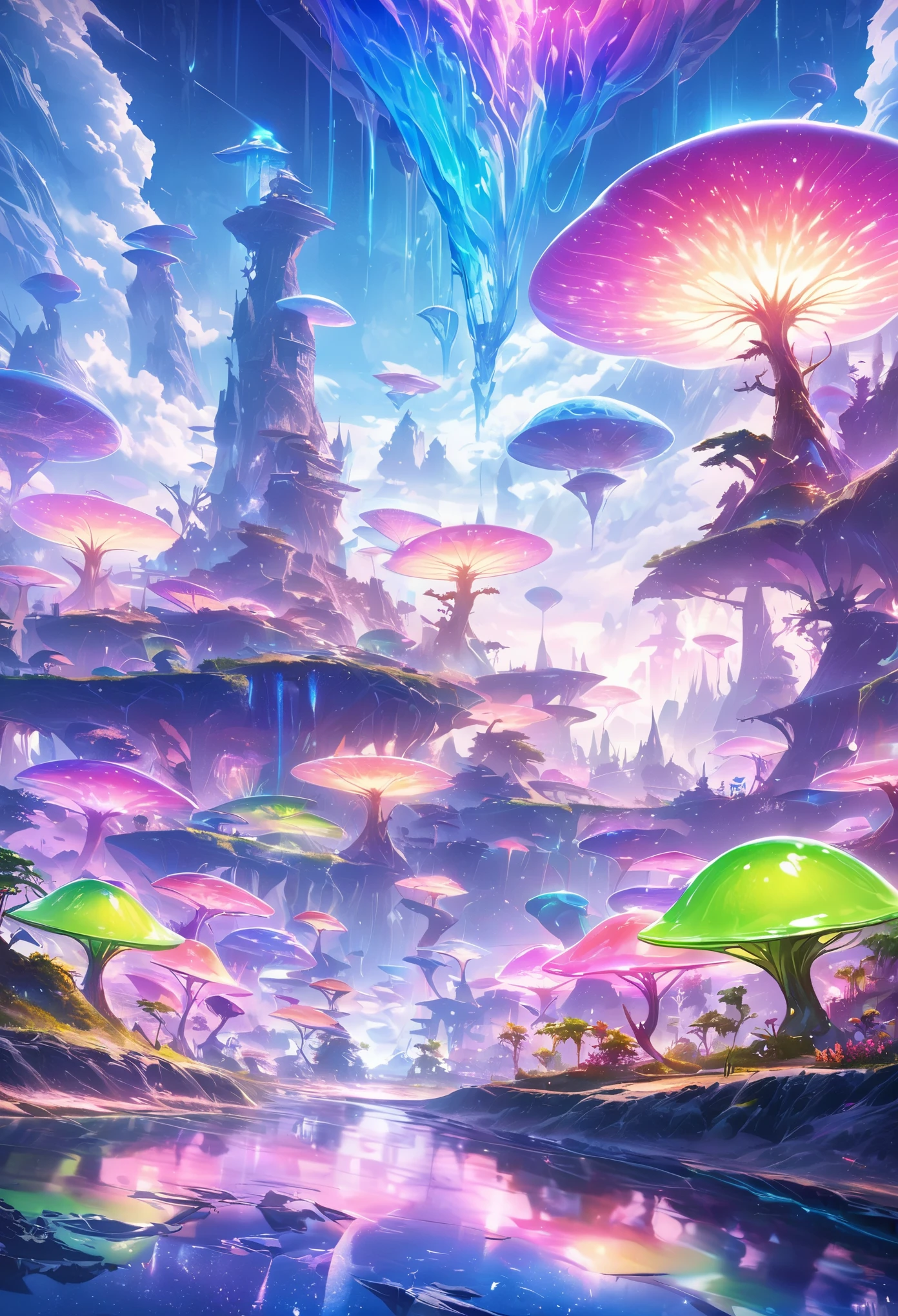 alien landscape, aesthetic, Very detailed, digital rendering, bright colors, surreal atmosphere, towering rock formations, Otherworldly plants and trees, glowing flora and fauna, bioluminescent mushrooms, sparkling river, Alien wildlife, ethereal sky, Multiple satellites in orbit, floating island, Mysterious source of energy, Mysterious ruins, symbol, cosmic energy, magical reflection, Fantastic mist, alien civilization, stunning view, Endless possibilities