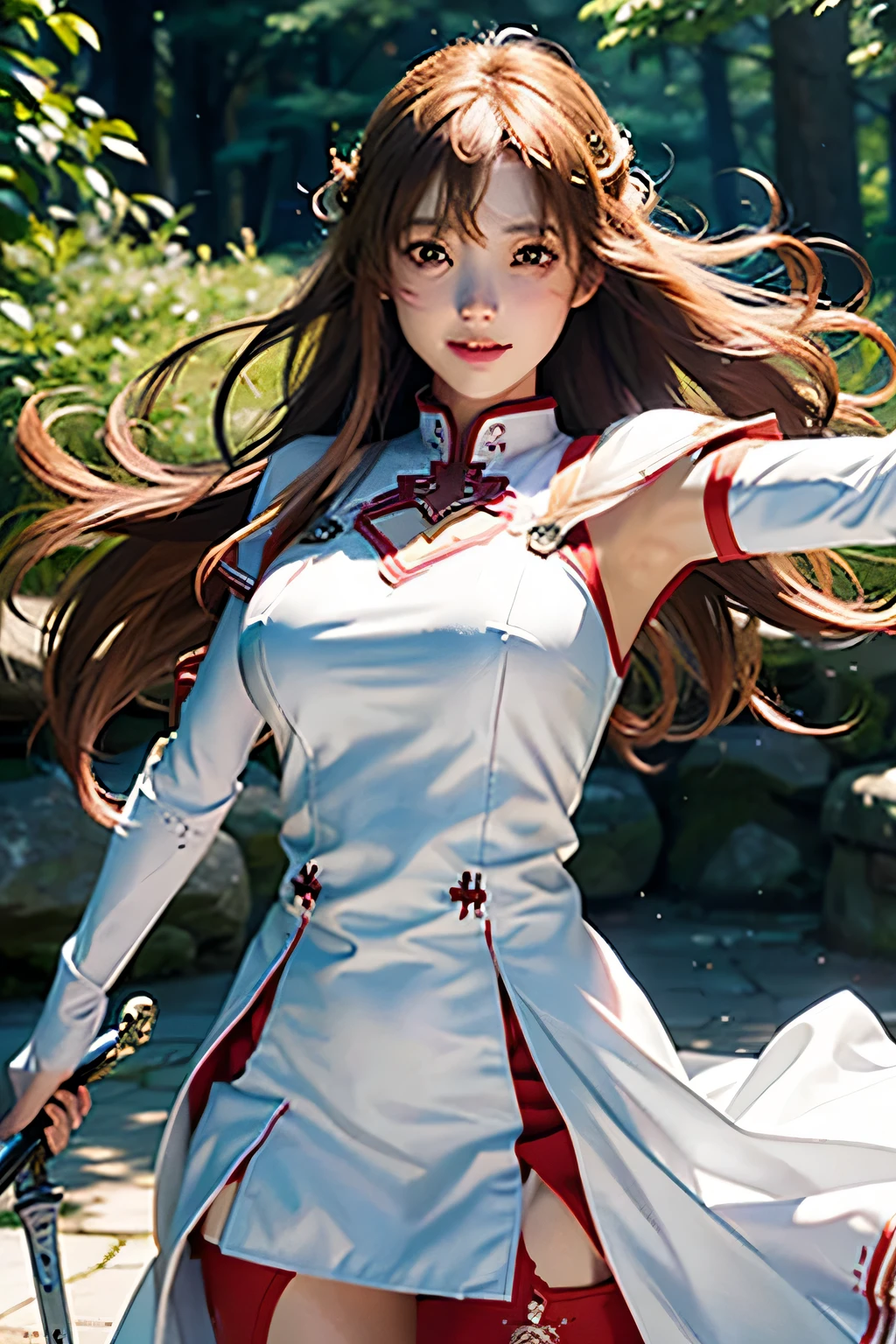 （（highest quality））、masterpiece、delicate in every detail、8K.real life.big breasts、You can almost see the pants、Asuna,light smile,sexy,sword, hold a weapon, white dress, armor, floating hair, red skirt, holding sword, outstretched arm, highest quality
