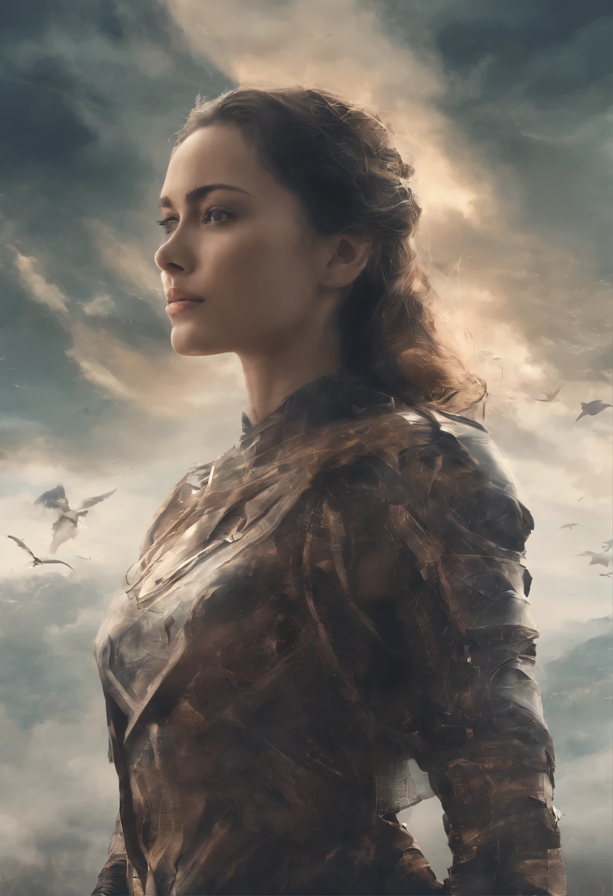 retrato Uma linda mulher loira , grande ,Encorpado, Ultra resolution, Reflections on the ground and cloudy sky, Detalhes elaborados, Hiper-realista, Fotorrealista como no cinema, 4K