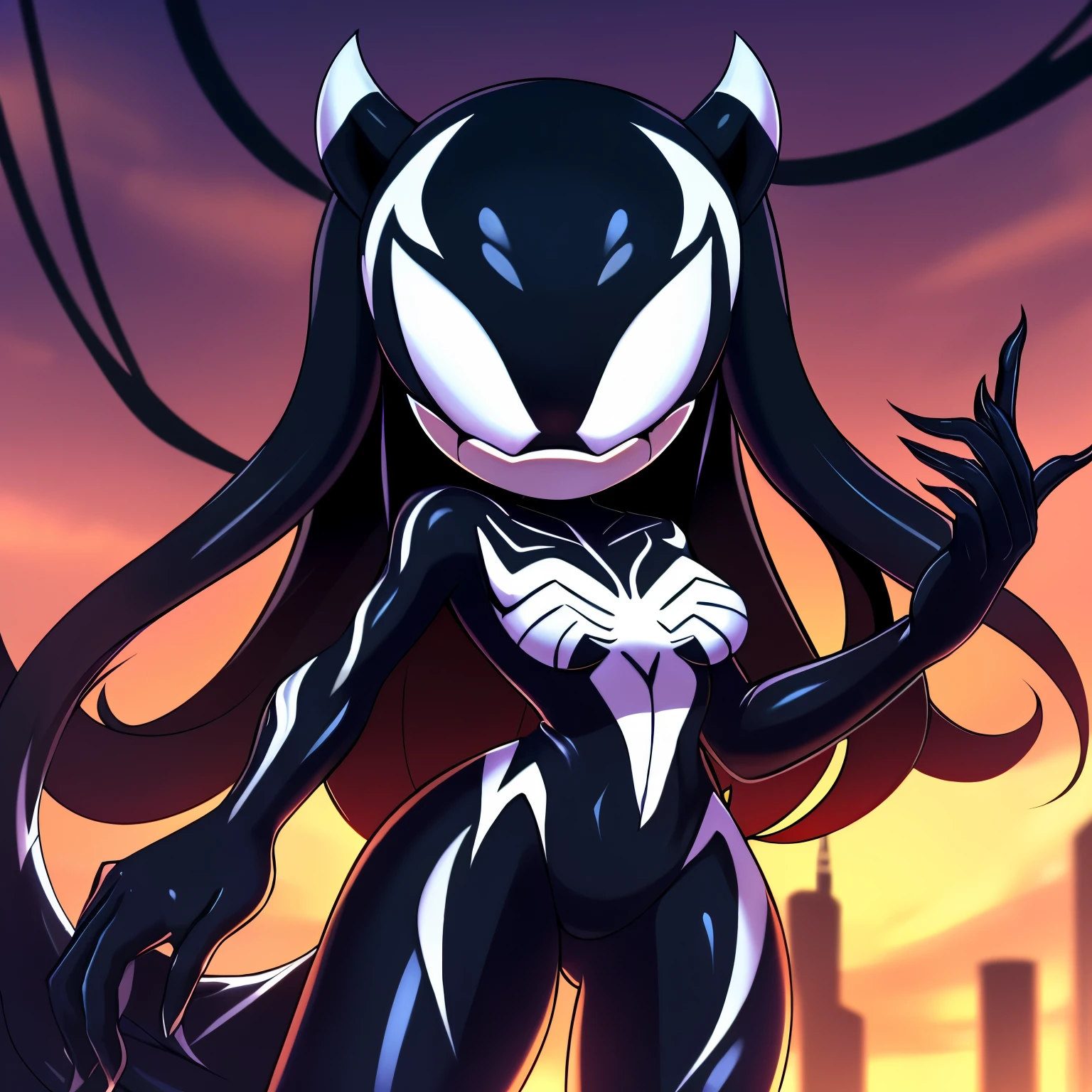 Mobian, female, fox, long hair, feminine eyelashes, medium breasts, hair bangs with white tips, perfect feminine figure, black muzzle, ((blank white eyes)), intricate details, (detailed background:1.3), anime style, night, sharp focus, serious, standing, furry female, (solo), sundown, best quality, ((wearing a she venom Symbiote like bodysuit)), (2D Art Style)