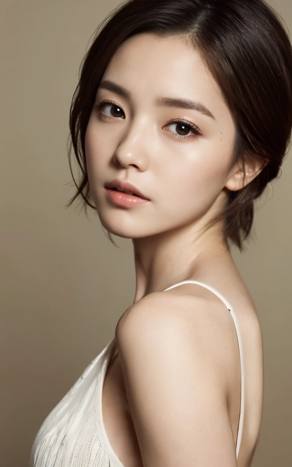 (top-quality、hight resolution、​masterpiece:1.3)、Tifa Lockhart、clean２５Mature Woman、Slender figure beauty、Dark brown hair styled in loose waves、(white pale skin)、a small face、Bust Size B、Shortcut Hair、no-makeup、Details exquisitely rendered in the face and skin texture、Eyes with detailed pupils、二重まぶた、european townscape