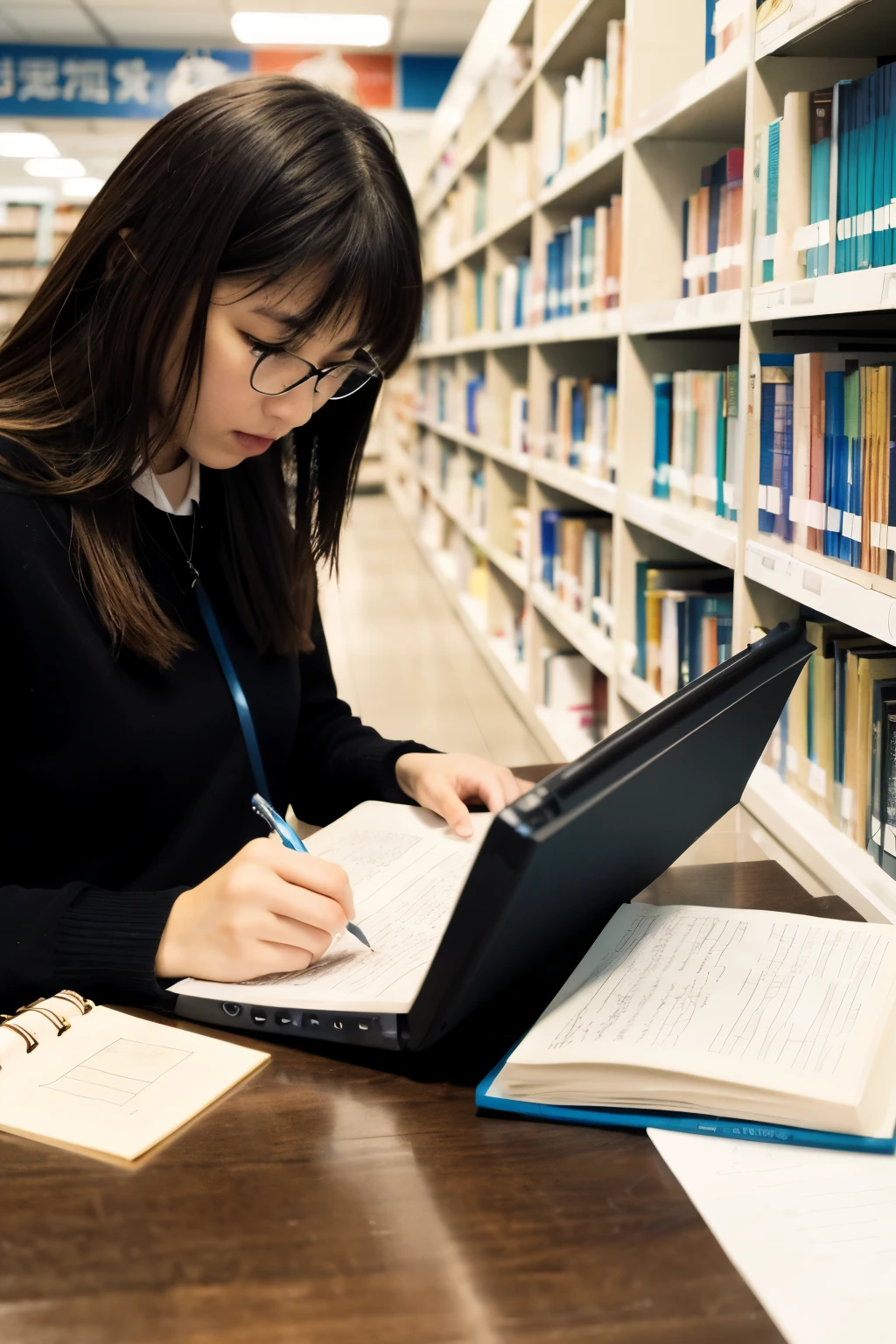 library, studying, beatiful girl, writing in a notebook